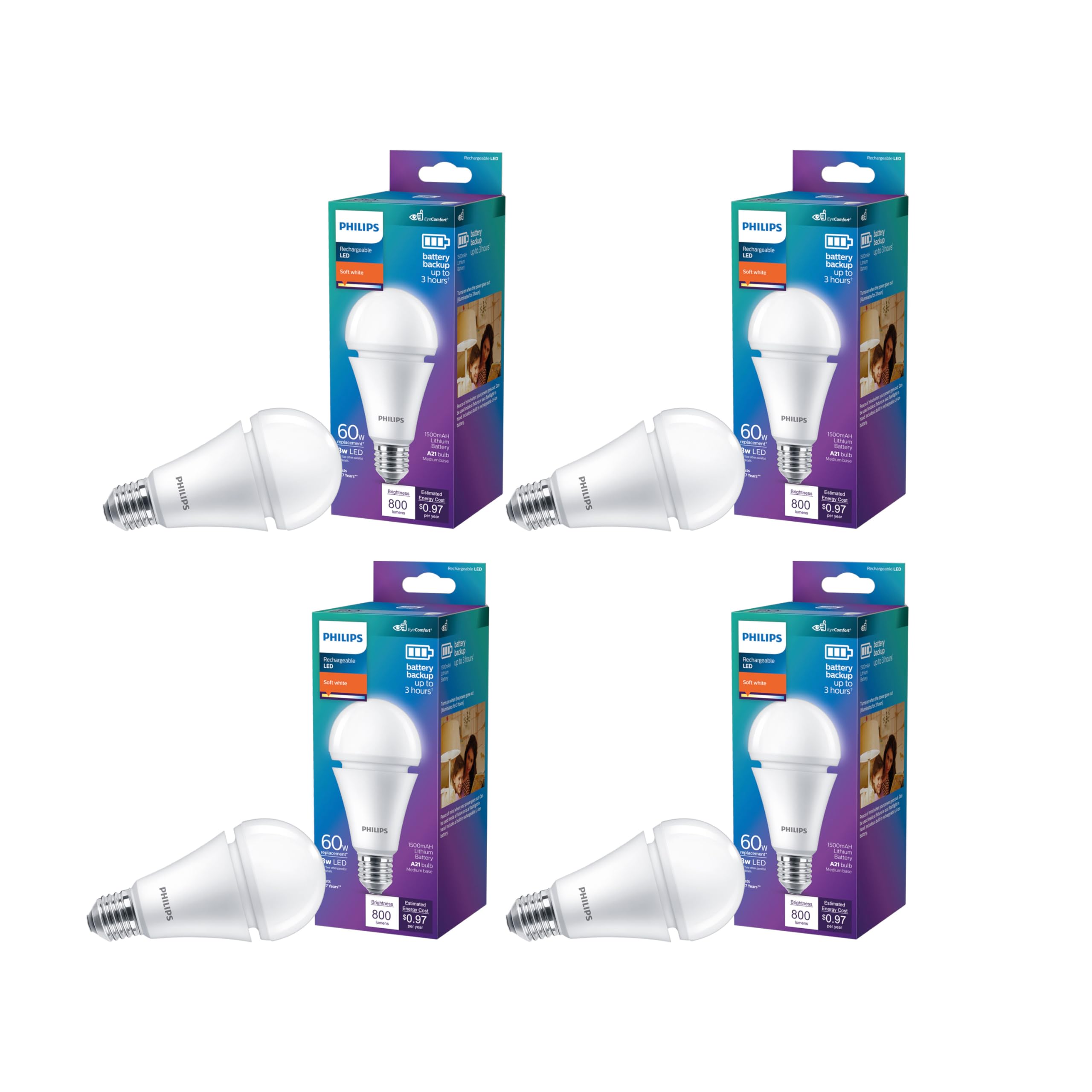 Philips LED A21 Light Bulb 2610 Lumen Soft White 2700K 29W=150W E26 Base 4-Pack