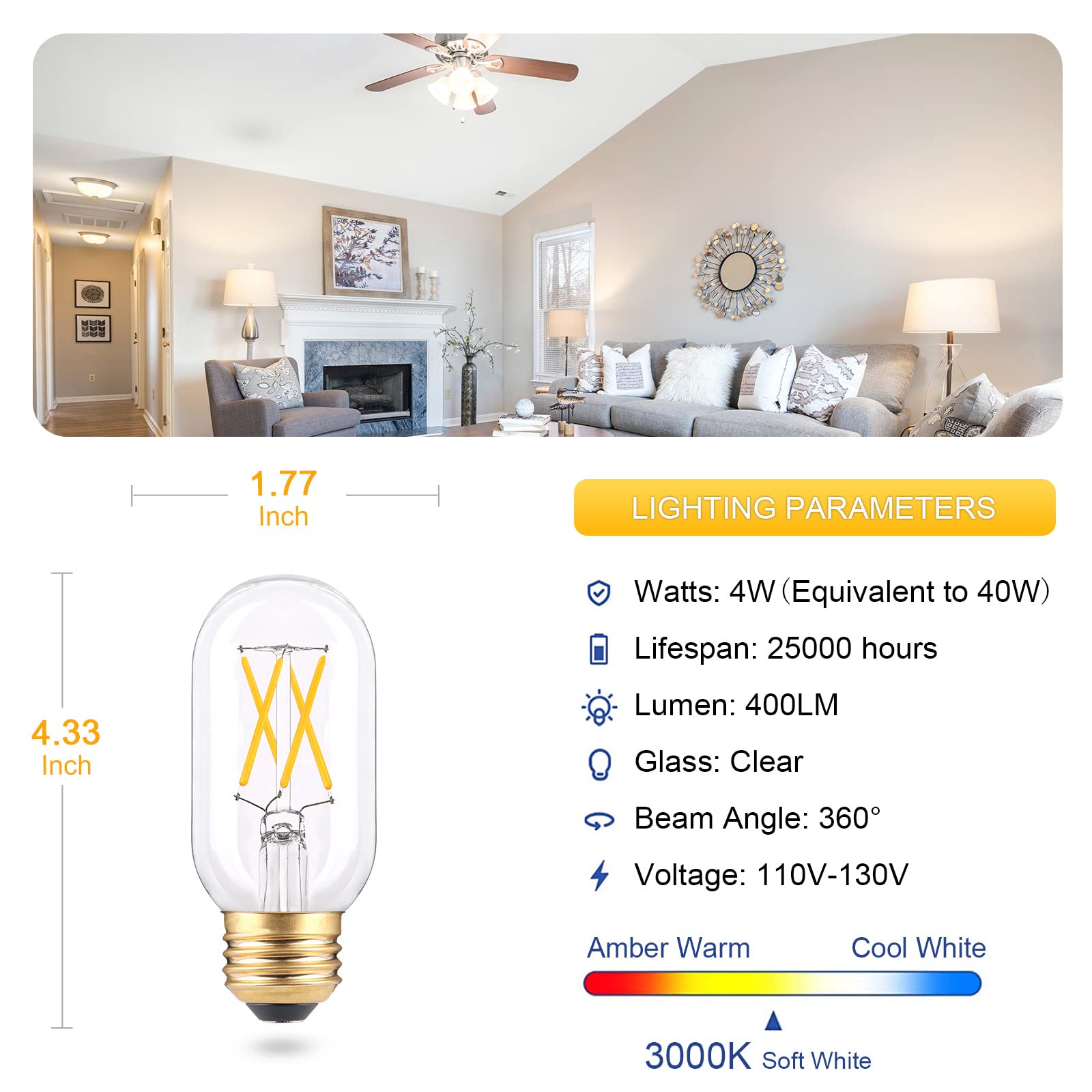 Dimmable E26 Led Edsion Bulbs 40Watt Equivalent- 3000K Soft White- T45/T14 4W Tubular Light Bulbs- Vintage Led Filament Bulbs Fo