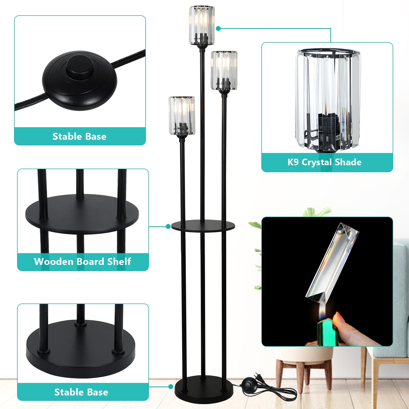 Hmvpl Floor Lamps For Living Room, Gold Floor Lamp With Shelves, 3-Lights Modern Brass Standing Lamp With Glass Shades, On/Off F