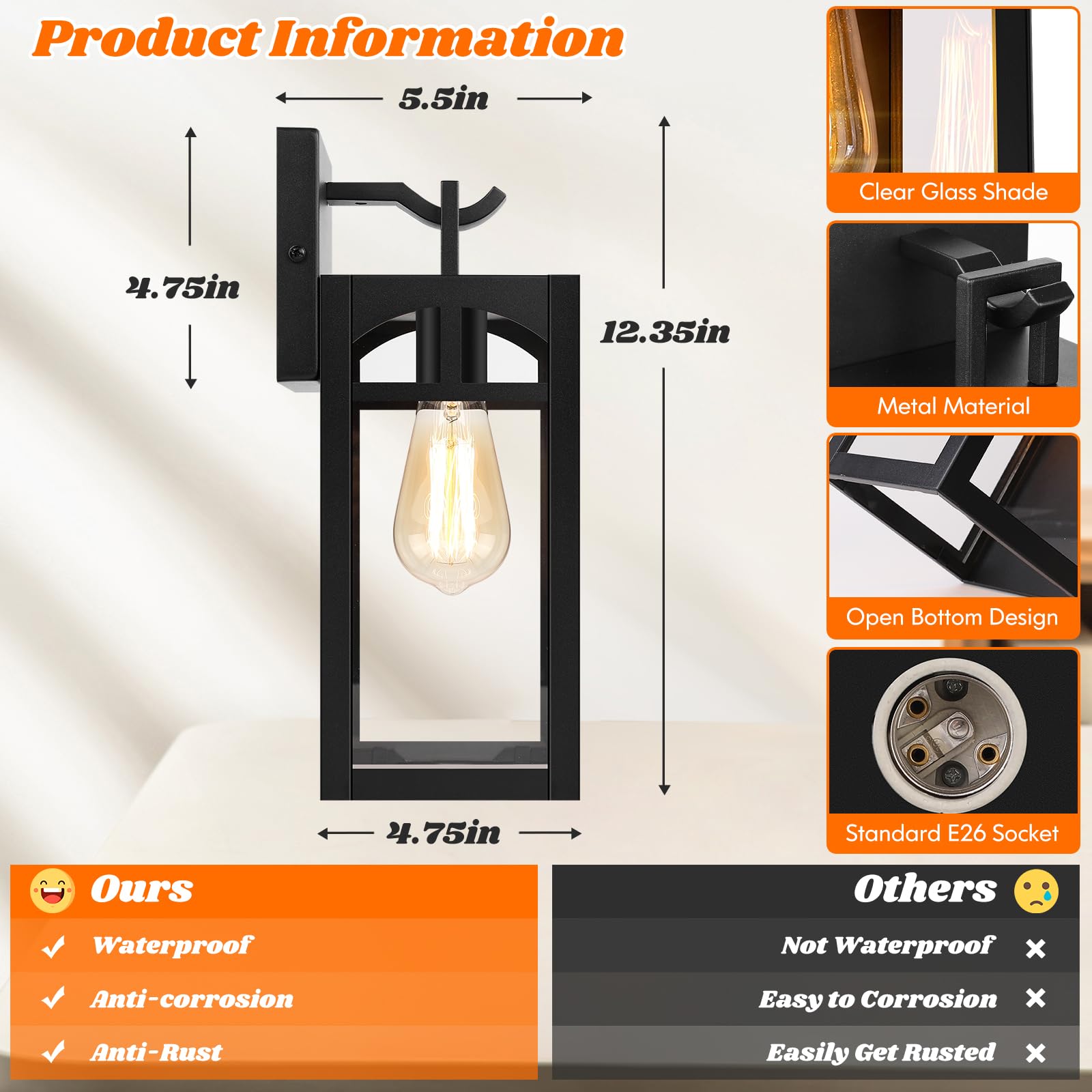 VerRon Outdoor Wall Lanterns, Waterproof Matte Black Light Fixtures, E26 Socket, 2 Pack