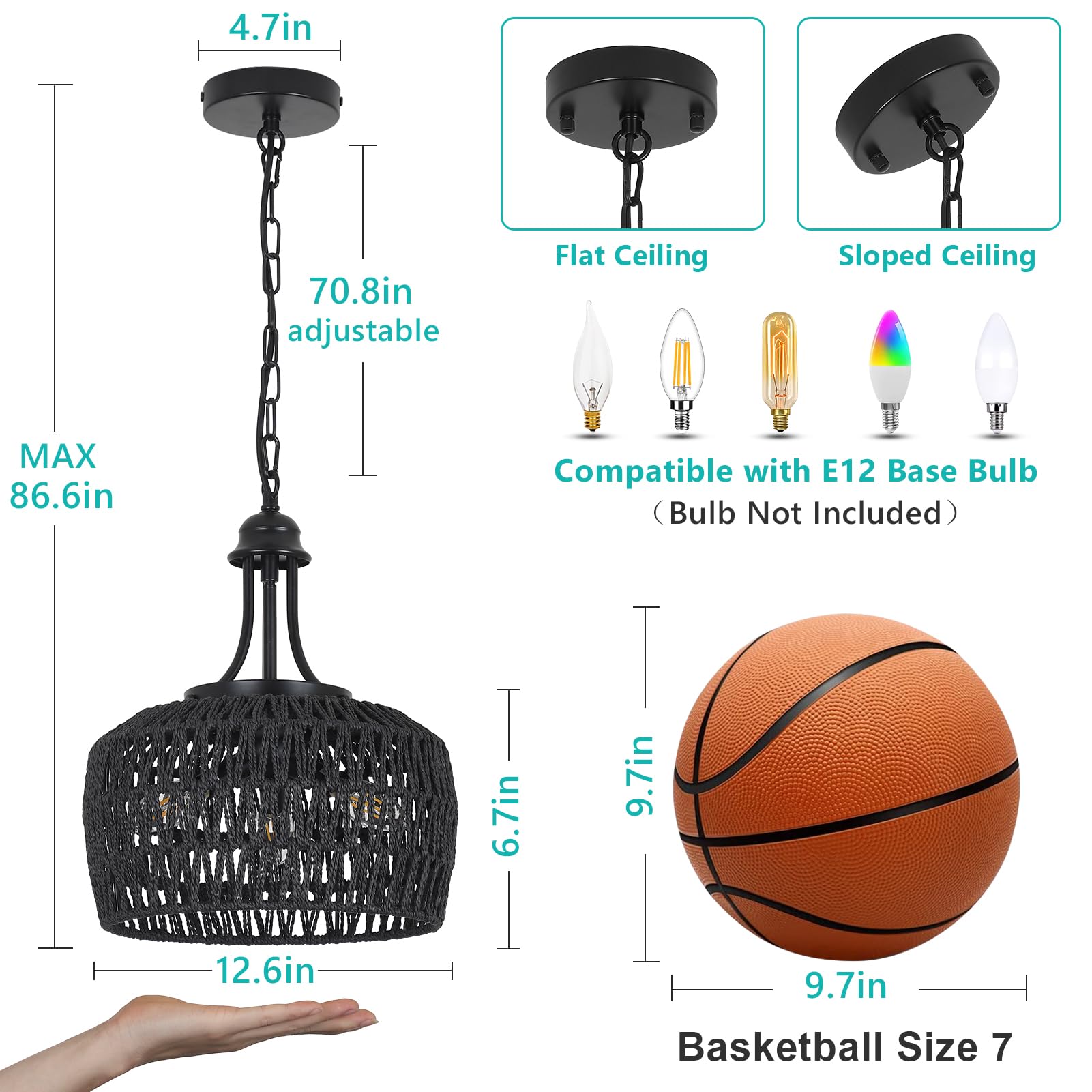 Hmvpl Black Rattan Chandelier For Dining Room, 3-Light Boho Light Fixture With Woven Lampshade, Wicker Pendant Light Ceiling Han
