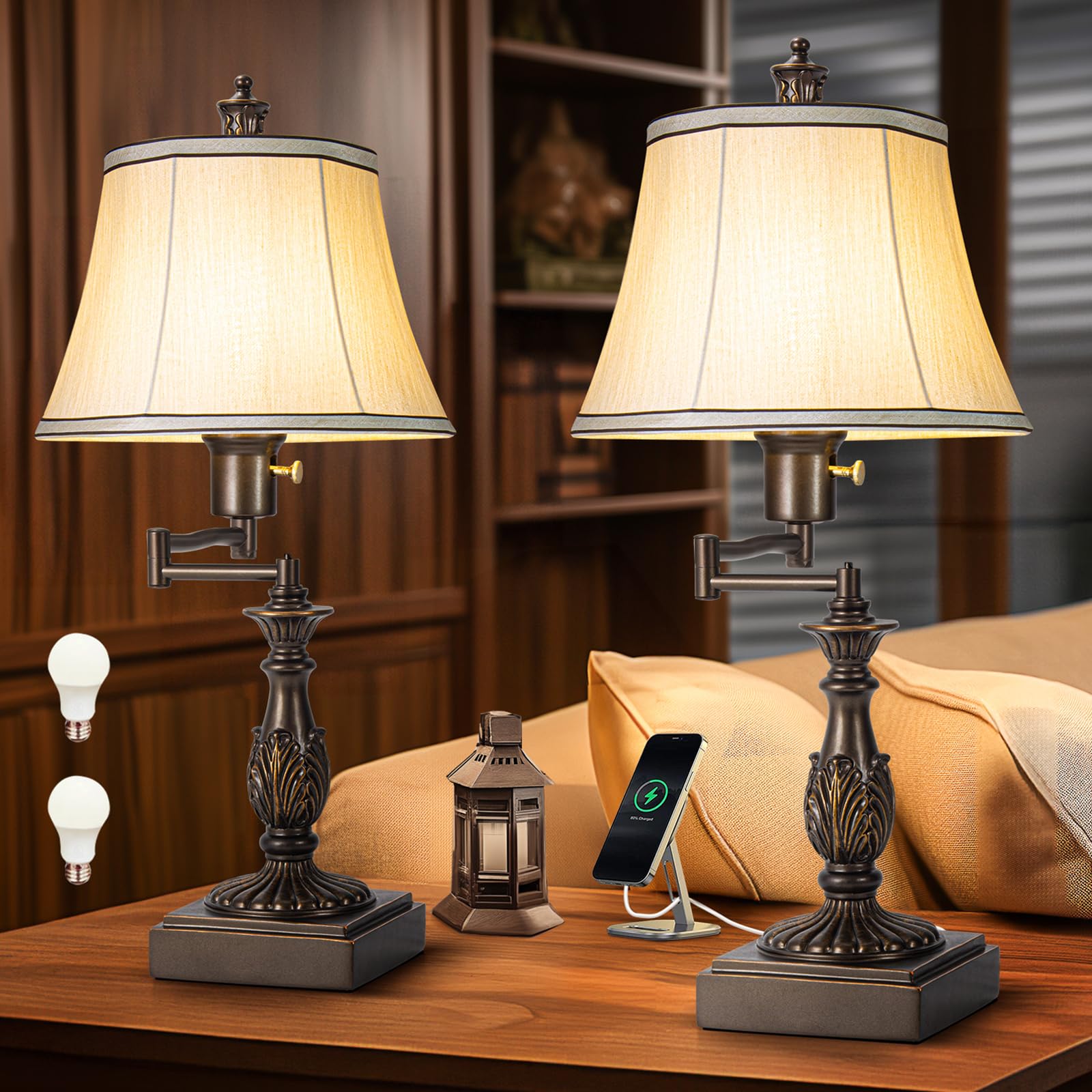 23.5'' High Rustic Traditional 350 Adjustable Swing Arm Table Lamp Set of 2 with USB A+C Ports Brown Finish Cream Shade Vintage 