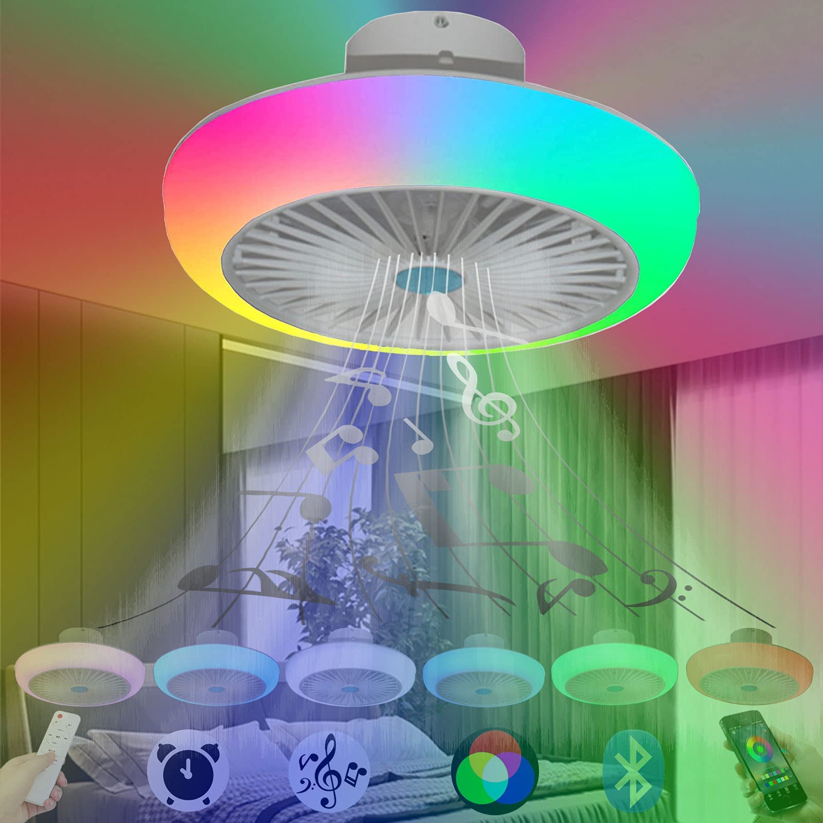 GOYOJO Bluetooth Ceiling Fan with Lights, RGB Dimmable LED, 17.7in, White, Model 601968719357, 3 Wind Speeds, App-Timing Setting