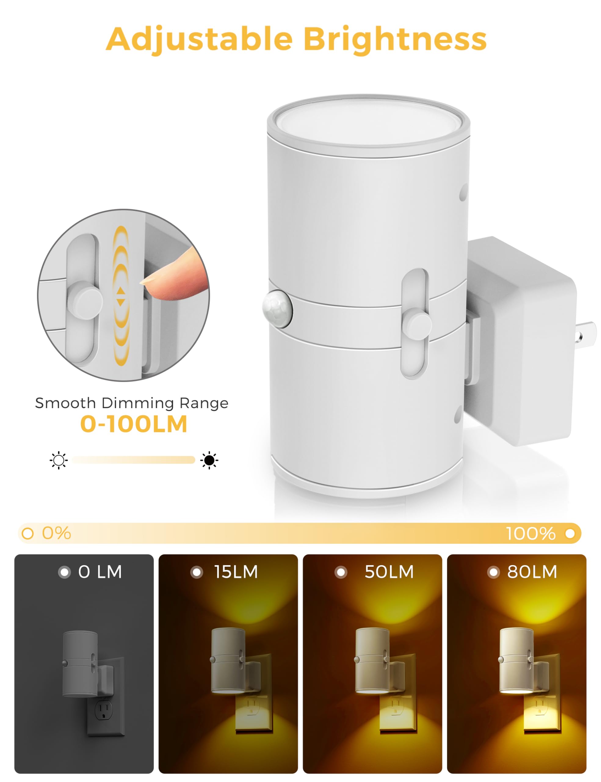 L LOHAS LED Motion Sensor Night Light, Dimmable, 0-100LM, Amber, 2 Pack, Model GY-066-07-WH-US-2