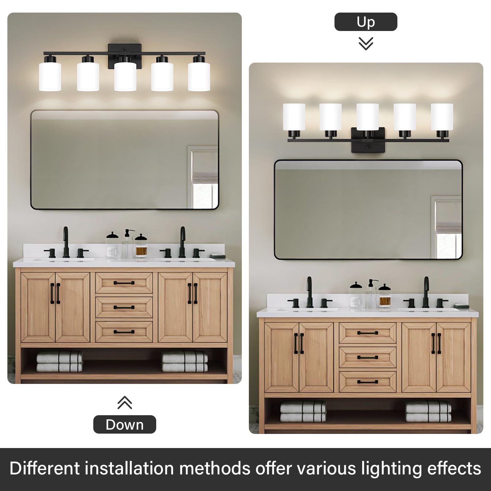 Fonmyim Black Bathroom Light Fixtures, 5-Light Modern Vanity Light Over Mirror, Wall Sconces With Milky White Frosted Glass Shad
