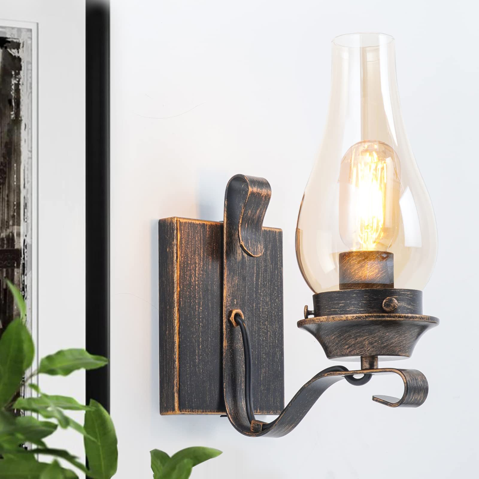 Yisuro Hardwired Wall Sconce, Oil Rubbed Bronze Retro Lamp With Amber Glass For Living Room