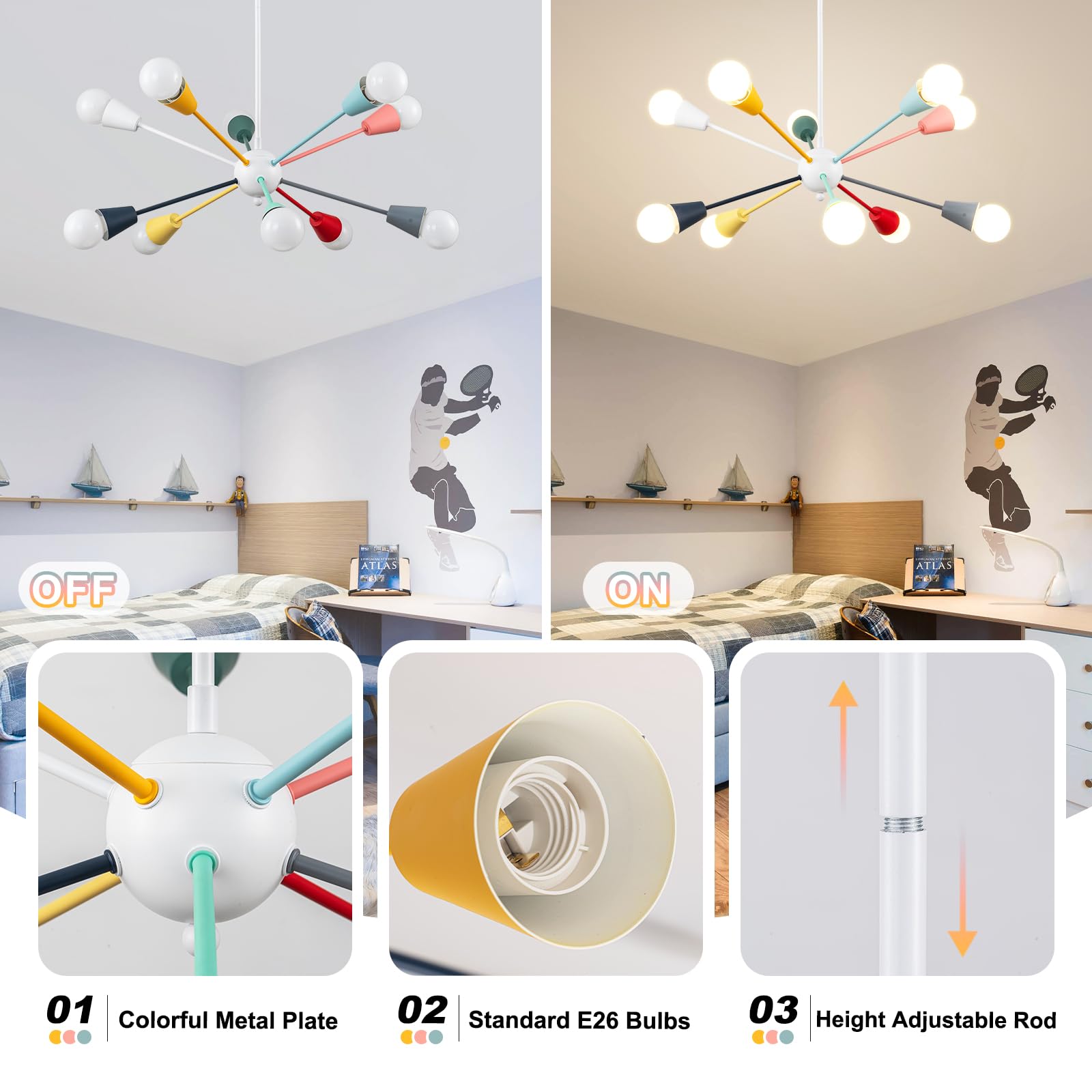 Ymlii 10-Light Colorful Sputnik Chandelier, Height Adjustable Iron Fixture for Dining Room, Kids Bedroom, Multi-colored