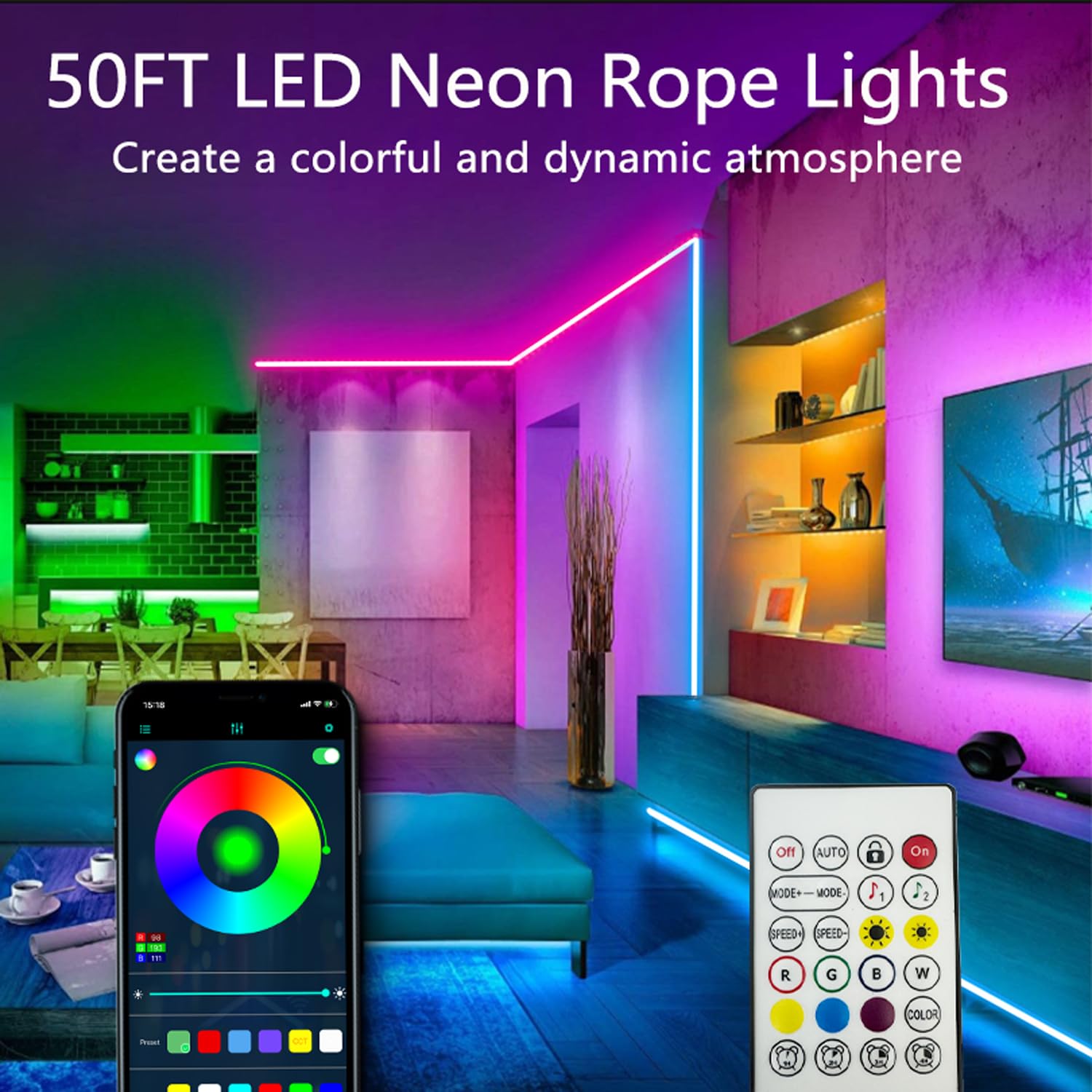 Bvokon RGB Neon Rope Lights, 50FT Waterproof LED Strip, App/Remote Control, Music Sync, Flexible Outdoor Lighting