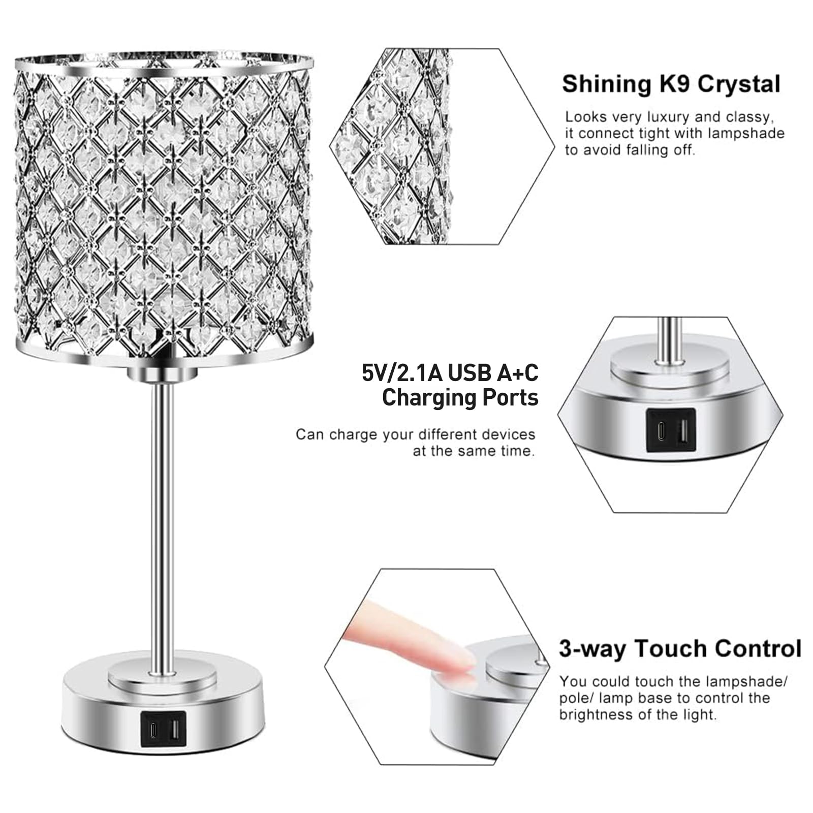 GyroVu Crystal Table Lamp - Touch Control, 3-Way Dimmable, 2 USB Ports, Modern Silver Crystal Nightstand Light, Bulbs Included