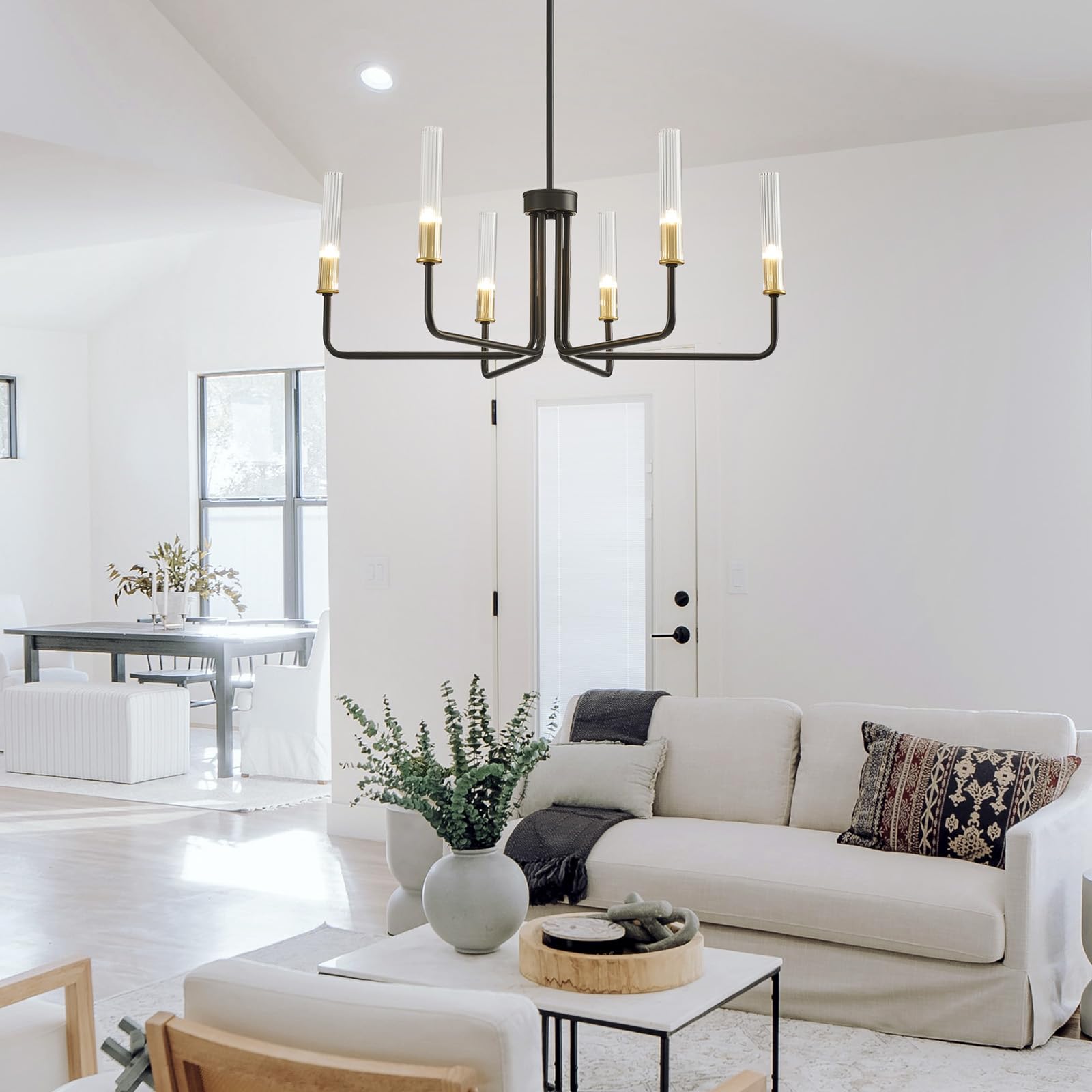 Saint Mossi Black Wagon Wheel Chandelier For Dinning Room, Modern Pendant Light Fixture With Glass Shades For Living Room, Entry