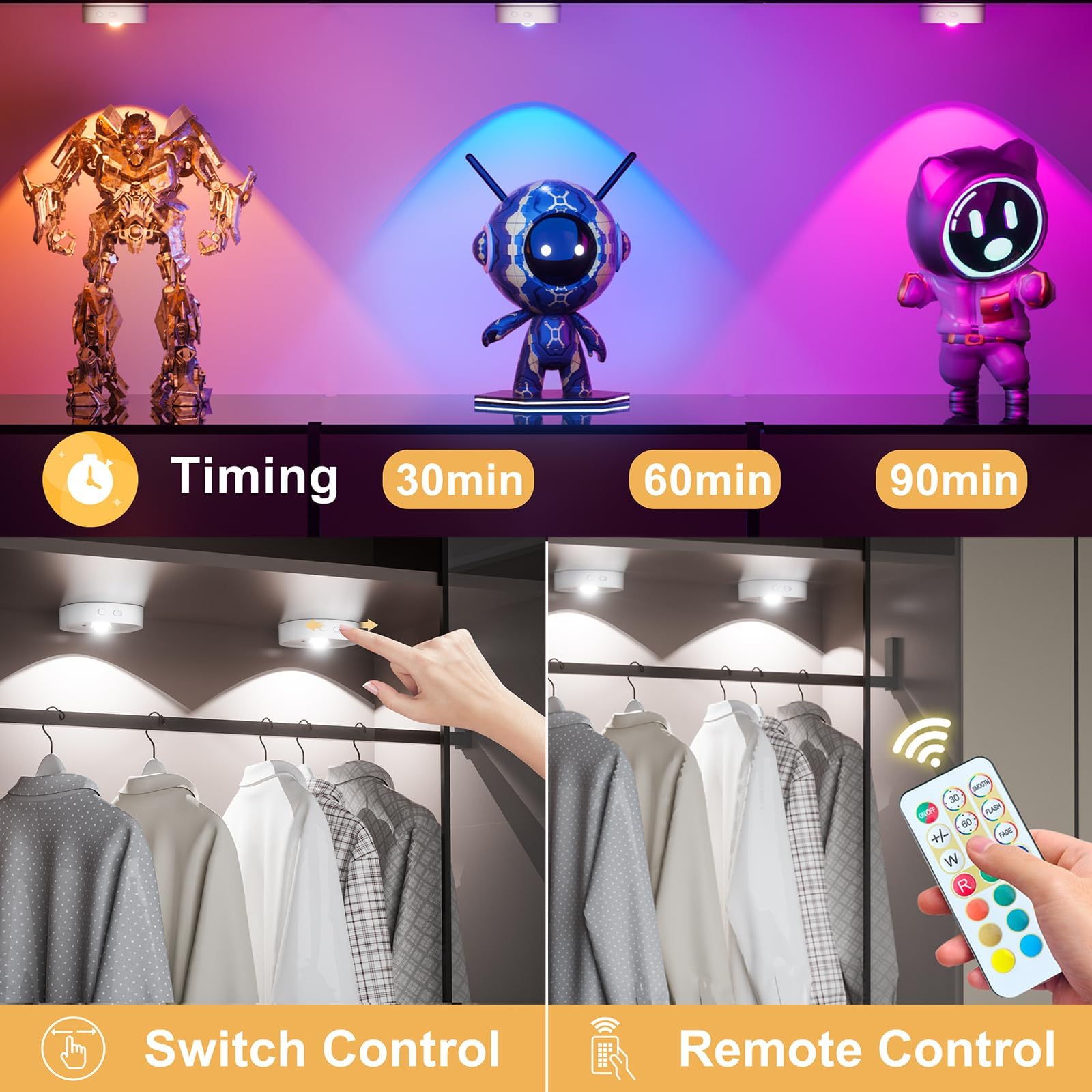 HOMEBEST Puck Lights with Remote, 13 RGB Colors, Rechargeable, Wireless Tap Light, White 6 Pack, Model USHB-HL05-WH6P-VR12