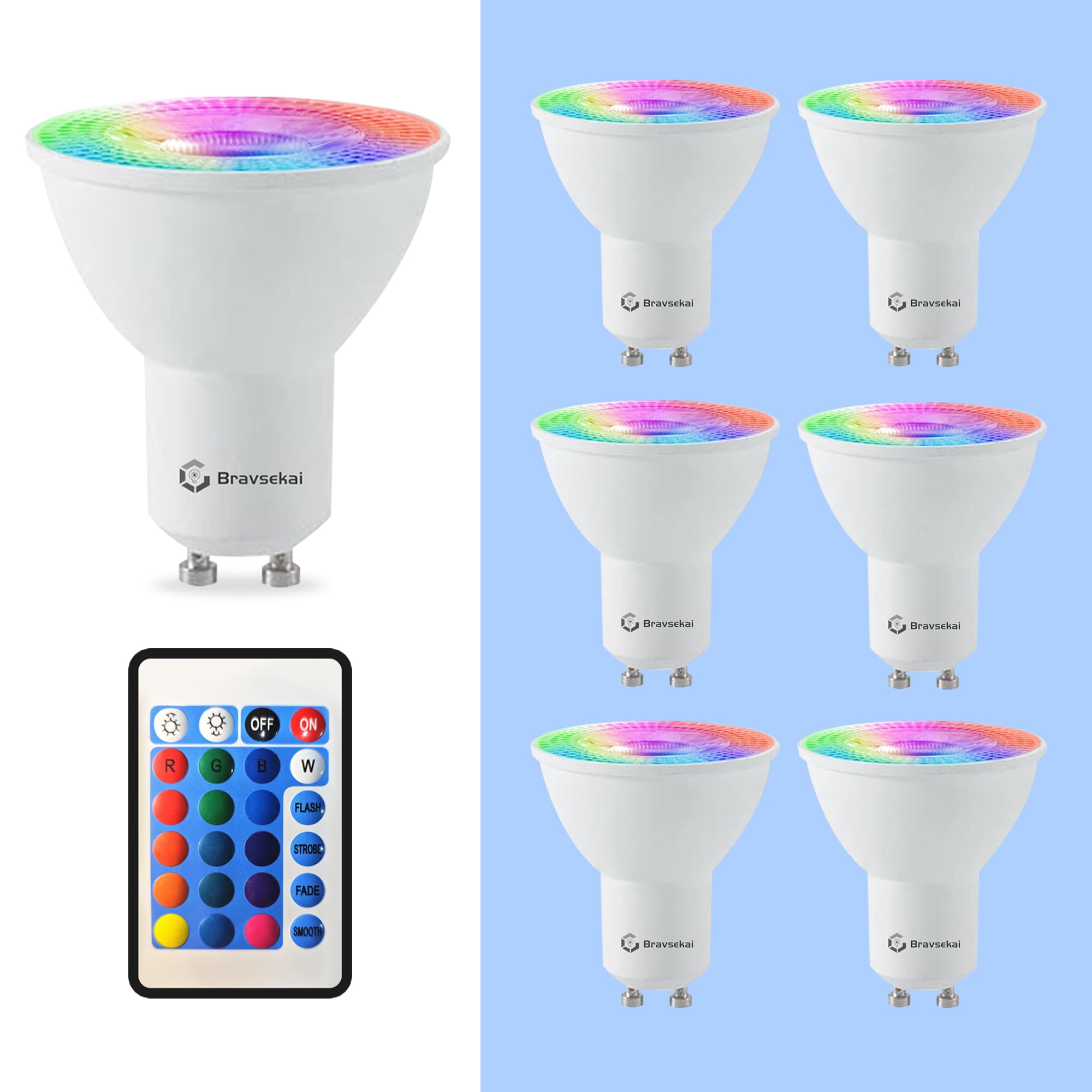 Bravsekai Gu10 Rgb Led Bulb With Ir Remote, 35W Equivalent, 16 Colors & Dynamic Effects, Memory Function, 38 Beam Angle For Mood