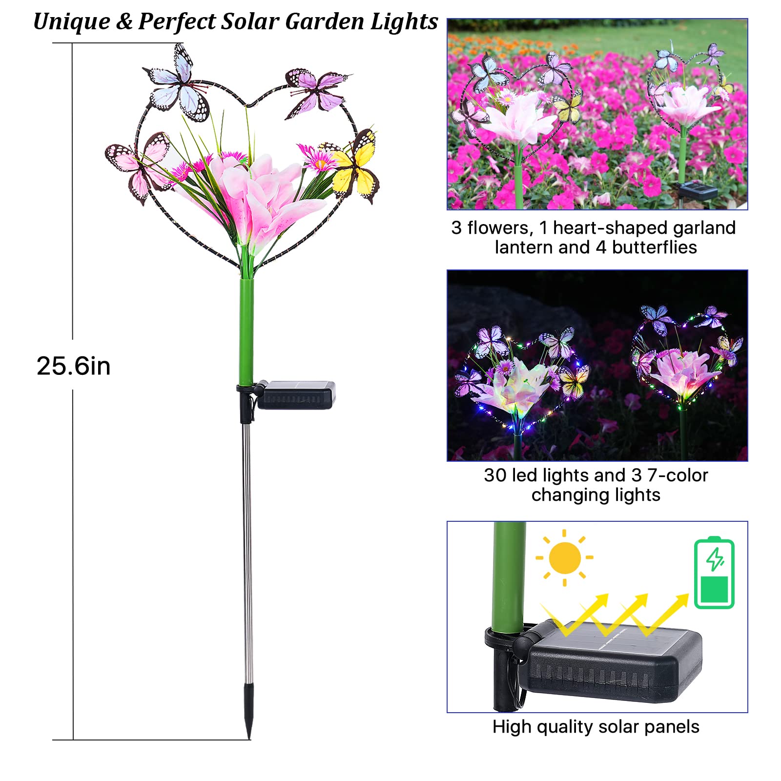 Aukora Solar Garden Lights - Waterproof Heart-Shaped Design With Butterflies & 7 Color Changing Leds - 2-Pack, Multicolor