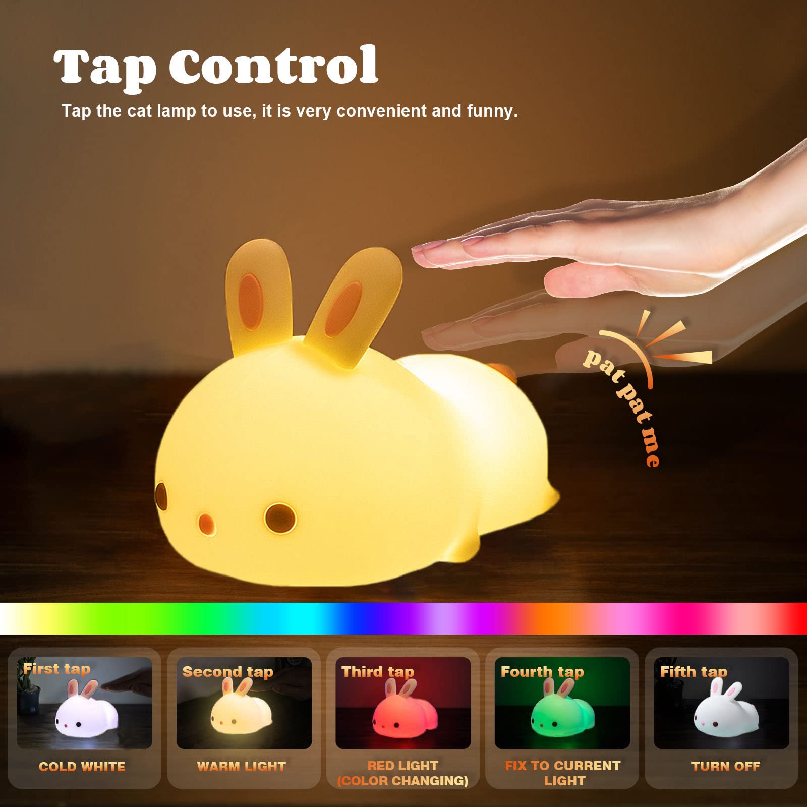 YOTOZU Bunny Night Light, USB Rechargeable, 16 Colors & Breathing Modes, Kids Gift, Tap Control, Warm White