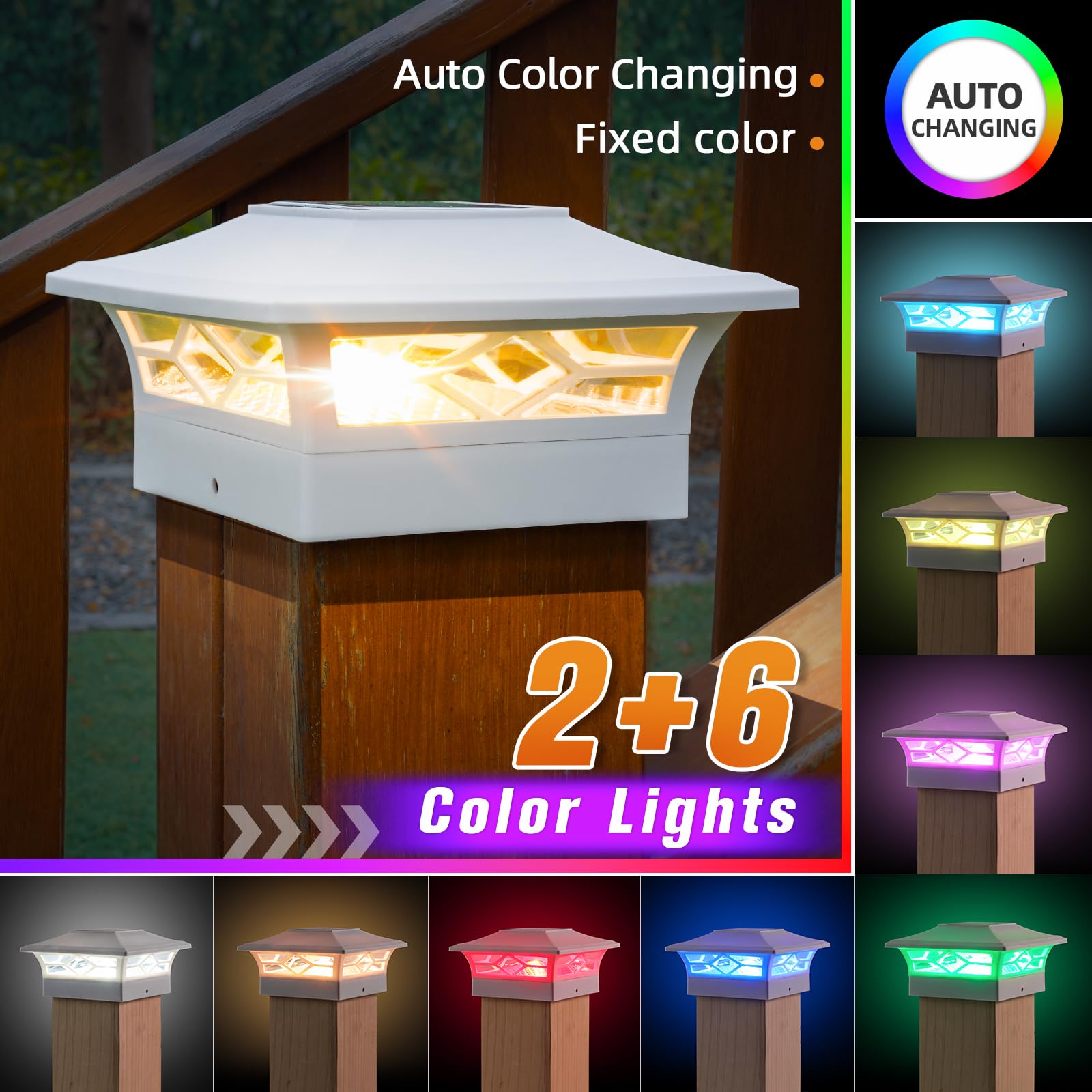 APONUO Solar Post Cap Lights, 4 Lighting Modes, 8 Pack, White, for 4x4 and 6x6 Wood & 4x4 and 5x5 Vinyl