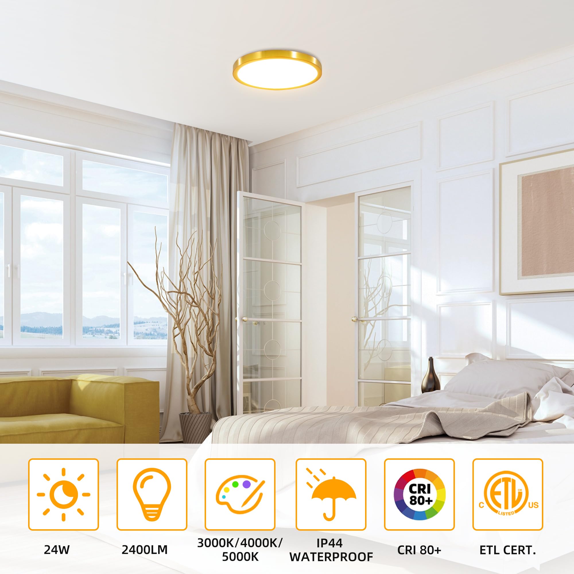 Hlite 12-Inch Flush Mount LED Ceiling Light Fixture, 24W 2400LM, 3CCT Selectable, Metal, Gold, Model CLB-1717