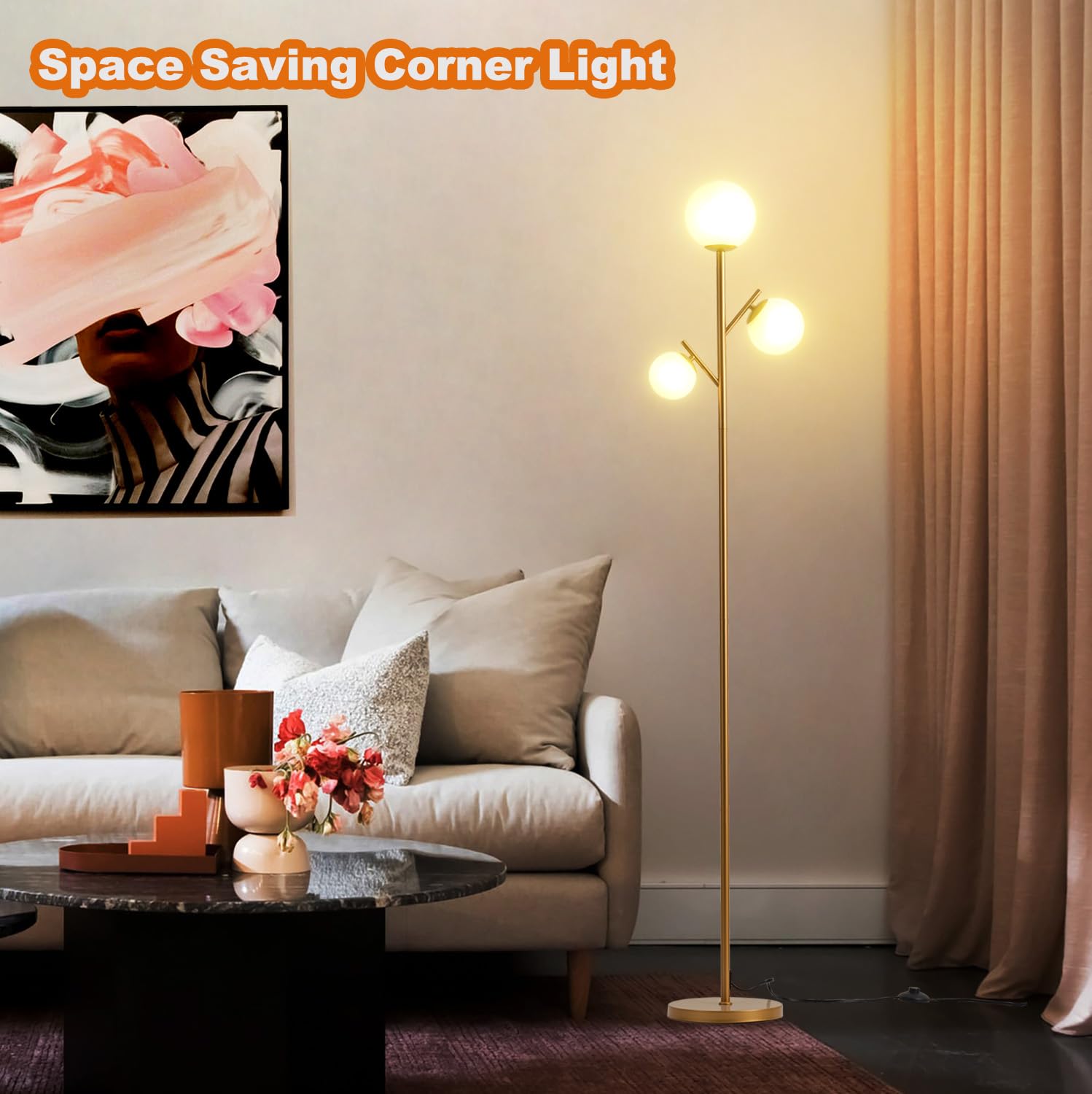 Fiqevs Mid Century 3 Globe Floor Lamp - Vintage Gold With Led Bulbs & Frosted Glass Shades