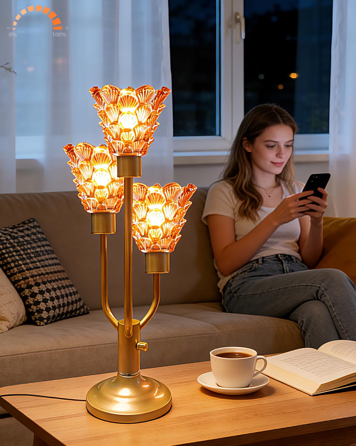 Lightdot Modern Glass Table Lamp for Living Room 3-Light Mid Century Desk Lamp with Brown Glass Shade& Bulb Included 3000K Warmwhite Nightstand Lamp for Bedroom Bedside End Table-Gold