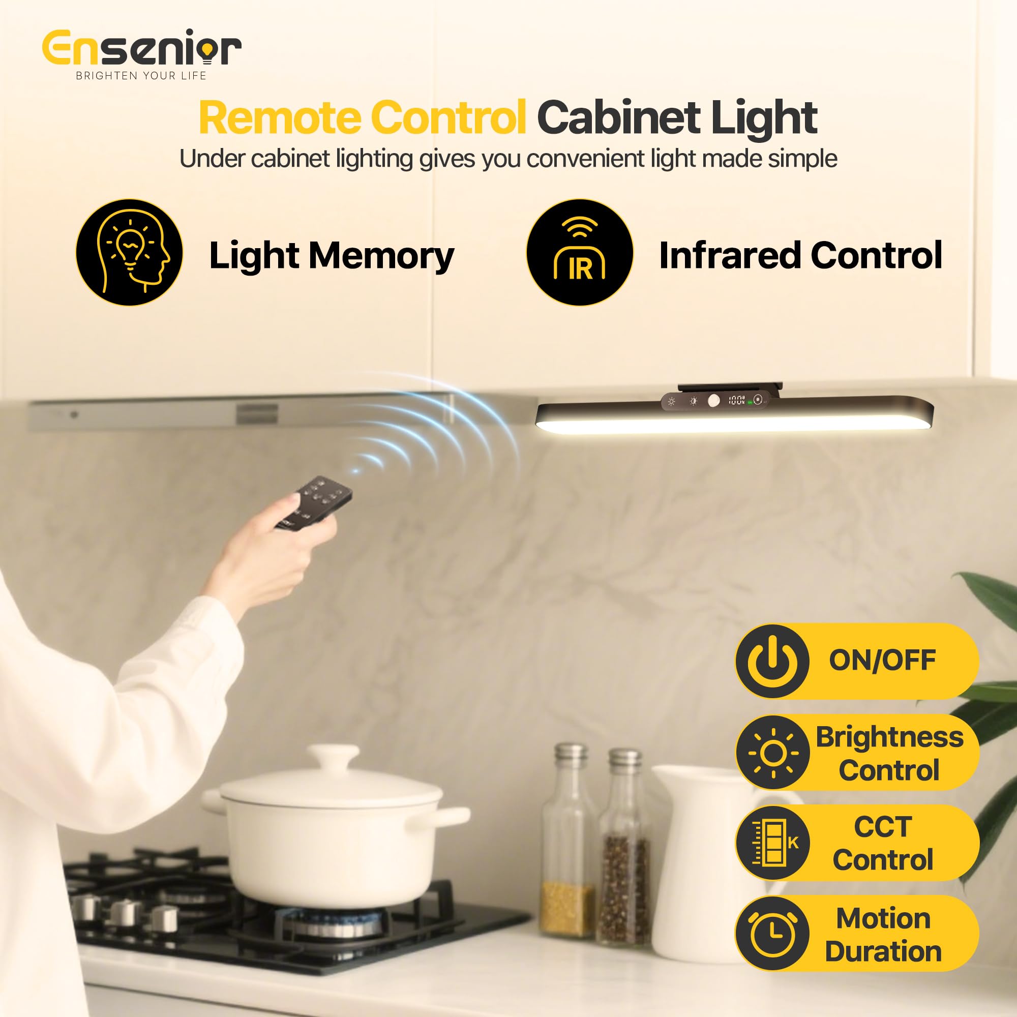 Ensenior 14" Motion Sensor Light Bar - Stepless Dimming, Remote, Rechargeable 2000mAh, Indoor Use for Kitchen, Cabinet, Closet