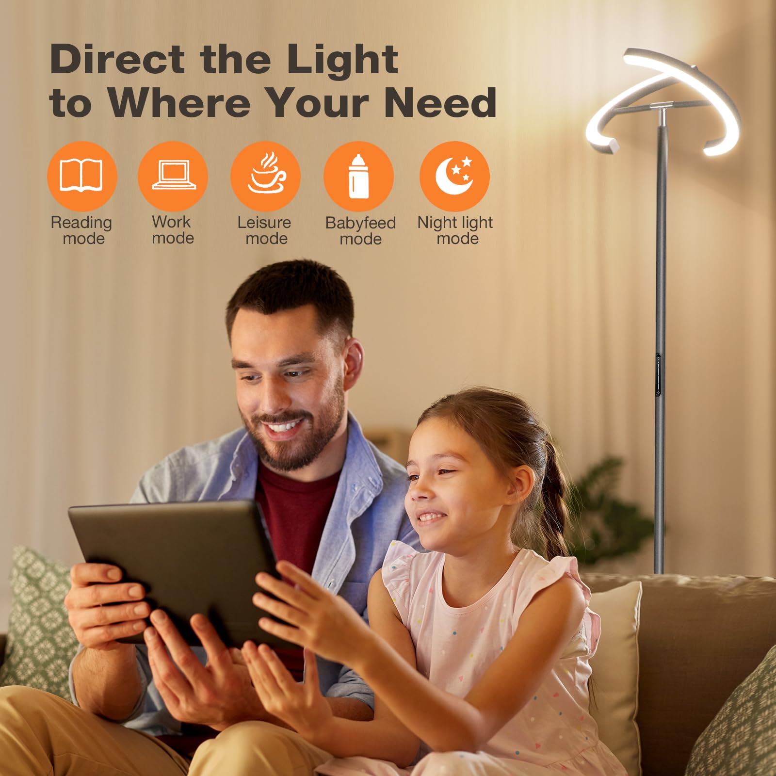 Sibrille Gunmetal Gray Led Floor Lamp - Rotatable Standing Lamp For Living Room Bedroom, 22W Dimmable Floor Readig Light With To