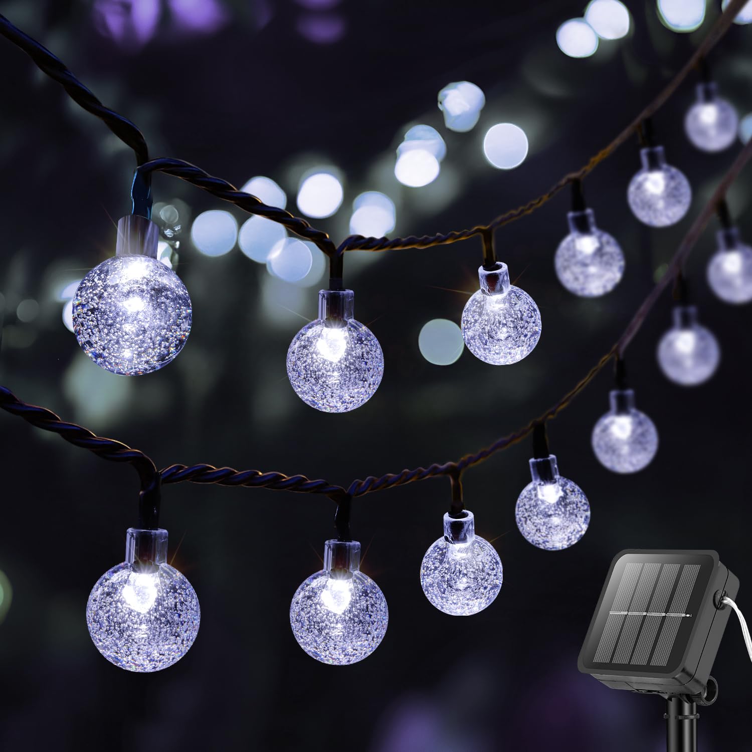 Metaku Solar String Lights, 36FT 60 LED Crystal Globe, Cool White, 8 Lighting Modes, Outdoor Patio Hanging Lights
