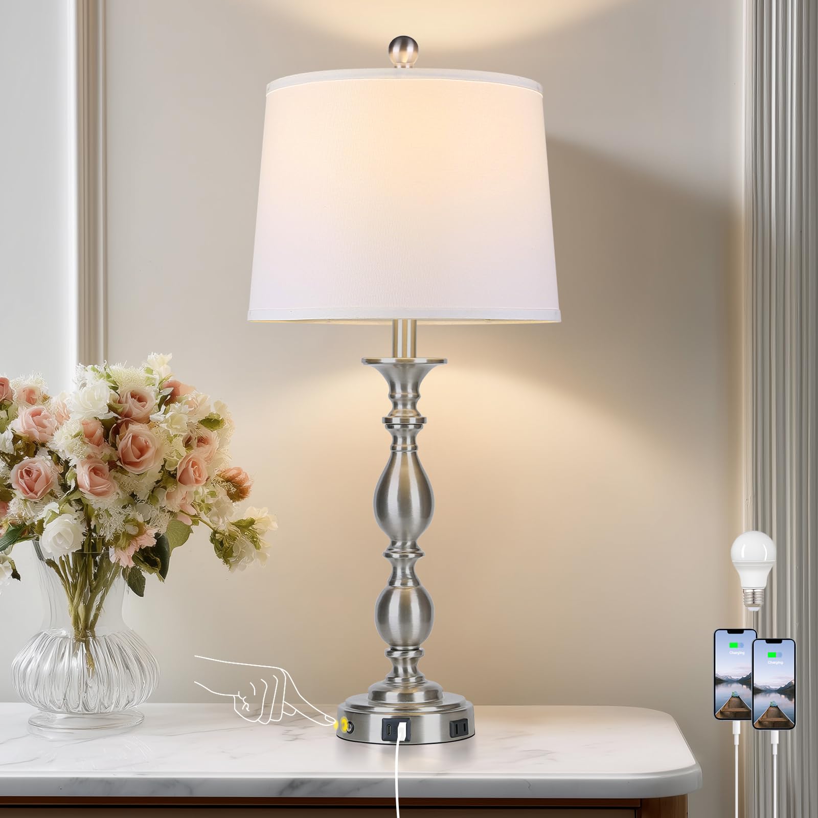 MOUVOVO 28 Tall Modern Table Lamp with USB A+C Ports and AC Outlet  3 Way Touch Metal Bedside Lamps for Bedroom  Silver Farmhouse Nightstand Lamps for Living Room