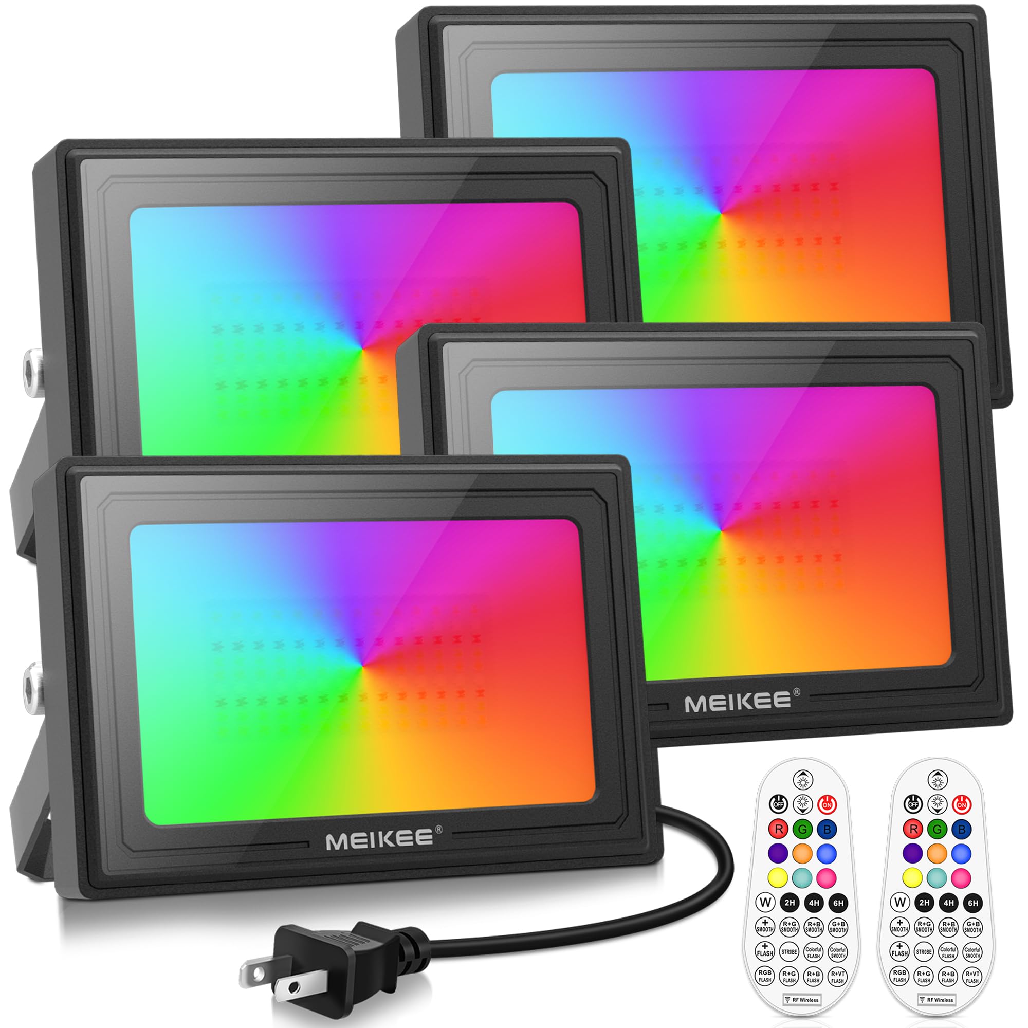 MEIKEE 60W 6000LM RGBW Flood Lights, 600W Equivalent RGB Color Changing LED Floodlights, 6500K White Light Outdoor Lighting with
