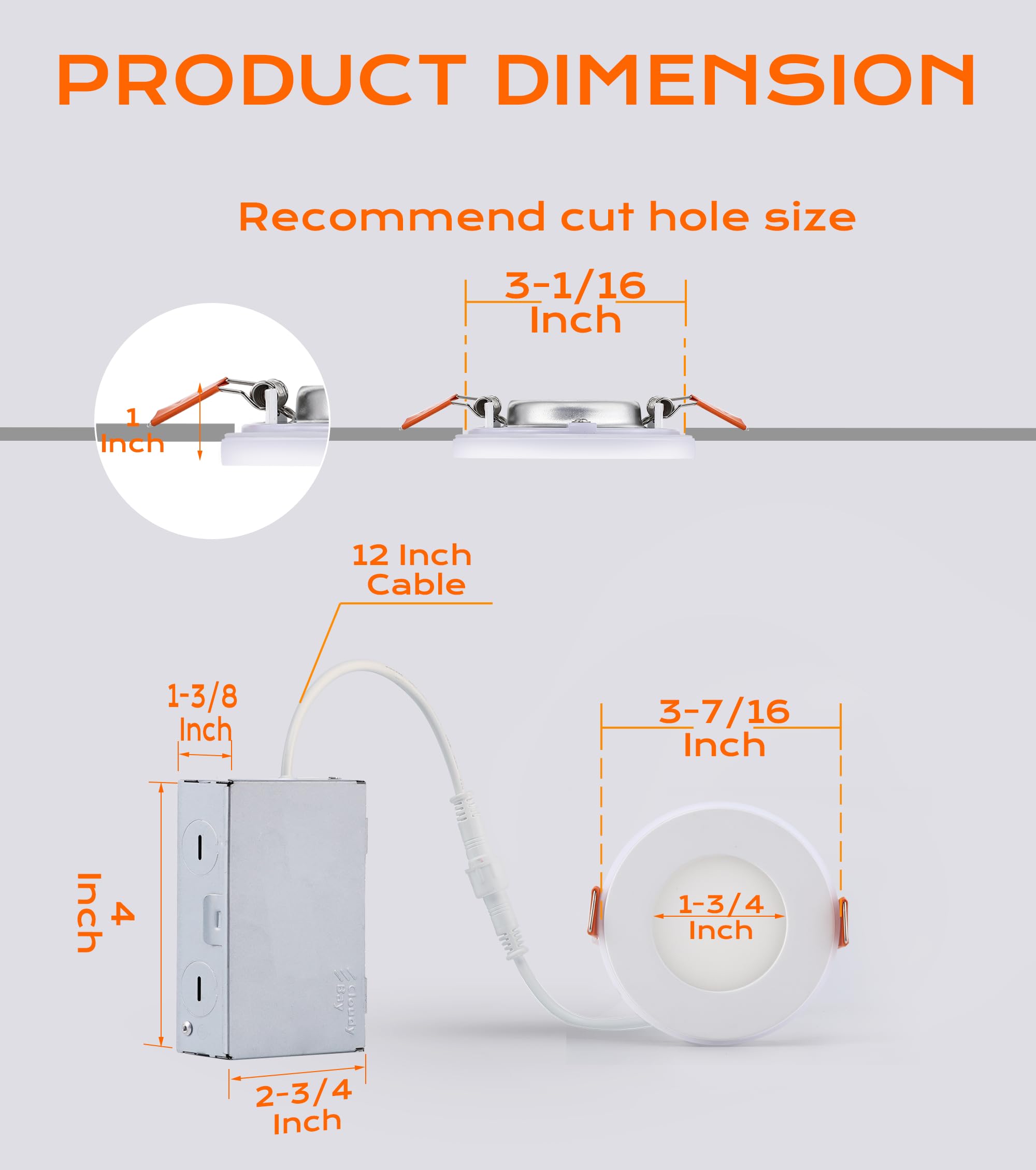 CLOUDY BAY 3 Inch RGB Smart Recessed Lighting, 7W Ultra-Thin Downlight, 2700K-6500K, White, Model LJD005SMG2