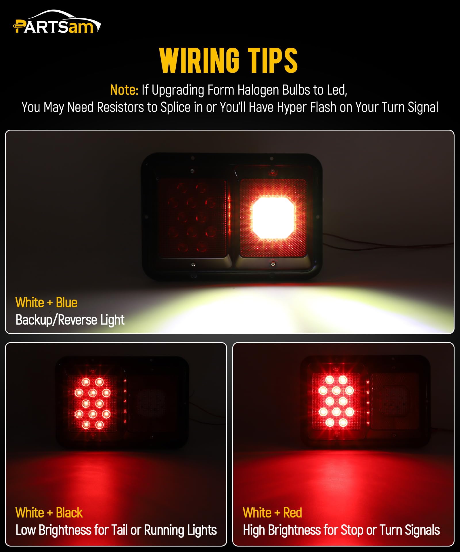 Partsam Double LED Trailer Tail Lights, Red, Standard Size, Surface Mount, 33 LEDs, Backup Reverse Lights, Black Base