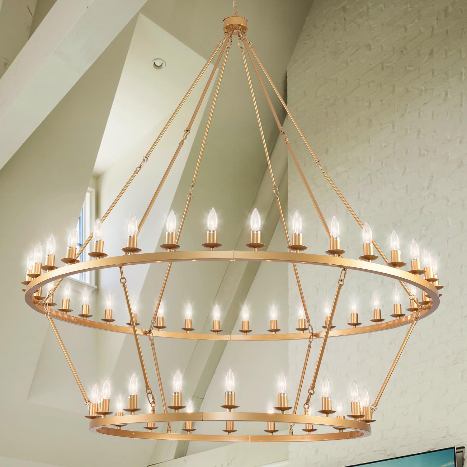 Extra Large Wagon Wheel Chandelier 2 Tier Black Farmhouse Pendant Light Fixture, Round Rustic Hanging Lighting For High Ceilings