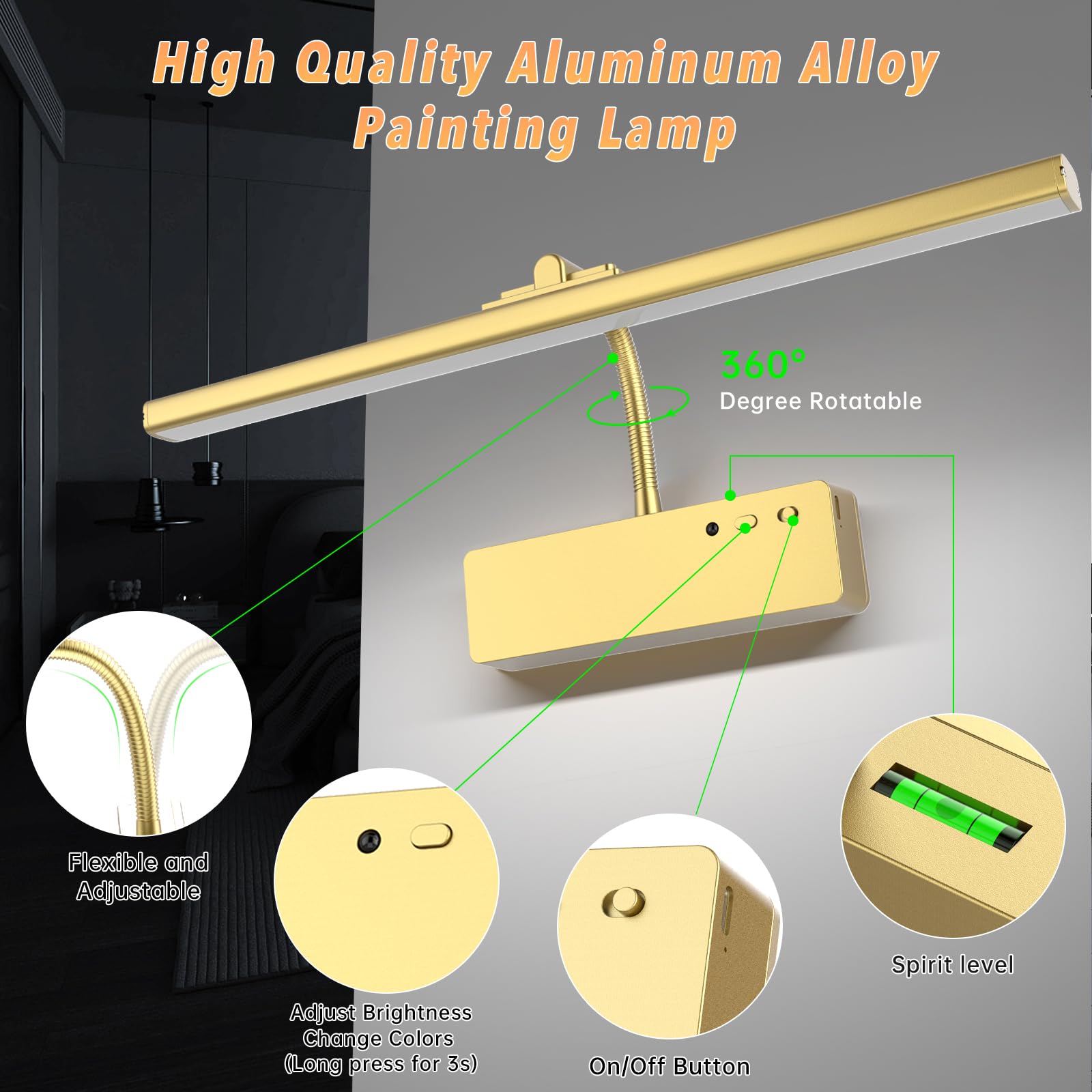 Picture Light With Remote, 15.35Inch Wireless Rechargeable Battery Wall Light For Paintings, 3 Colors Paintings Light Dimmable And Timer Metal Art Light For Display, Wall, Artwork, Gallery (Gold) 2Pcs