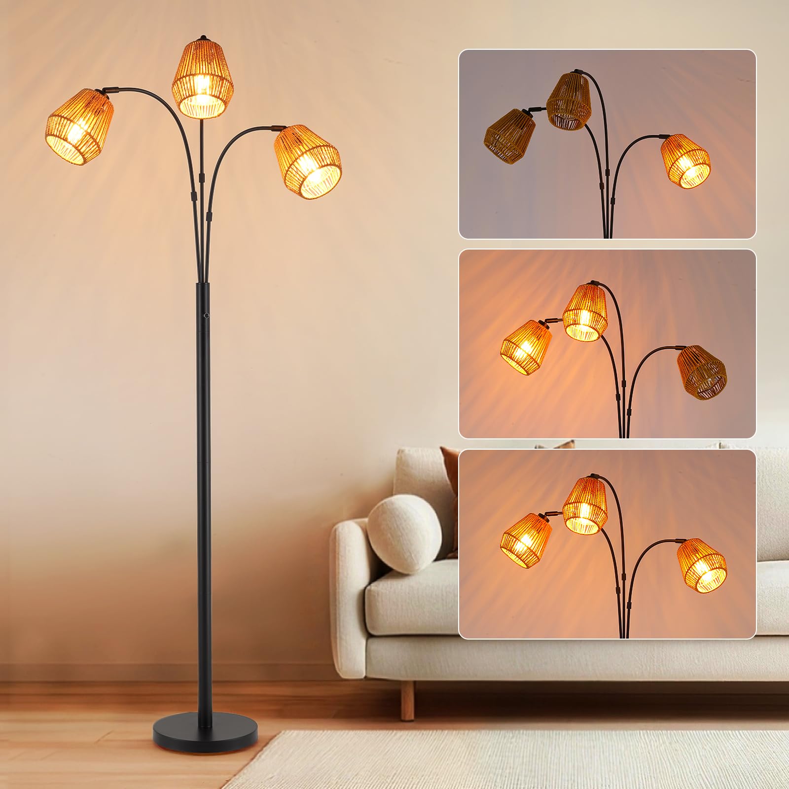 9MMML Vintage Black Arc Floor Lamp with Rotatable Arms & Rattan Lampshade, 3-Light Mode Rotary Switch Adjustable, 72.5 Tall St