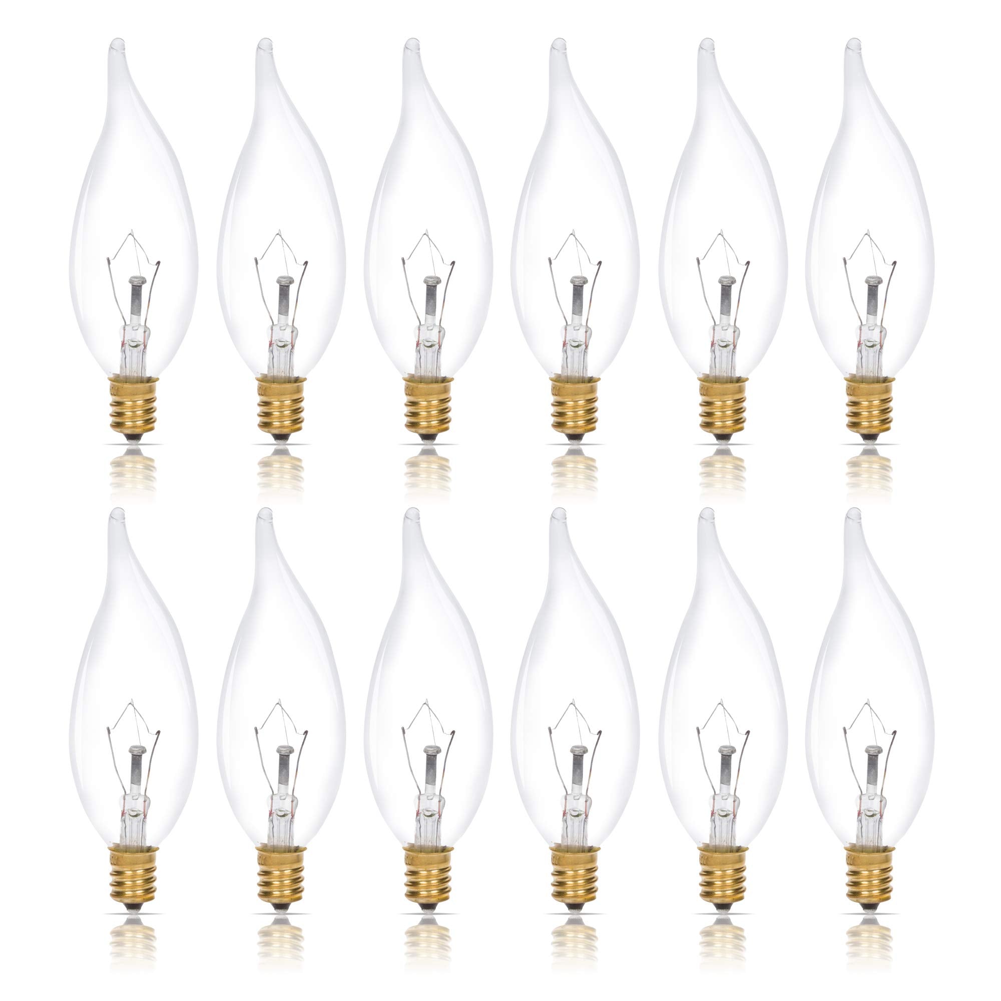 Simba Lighting Candelabra Flame Tip Clear CA10 25W E12 Base (12 Pack) Decorative Incandescent Light Bulbs 120V for Chandeliers, Ceiling Fan Lights, Pendants, Wall Sconces, Dimmable, Warm White 2700K