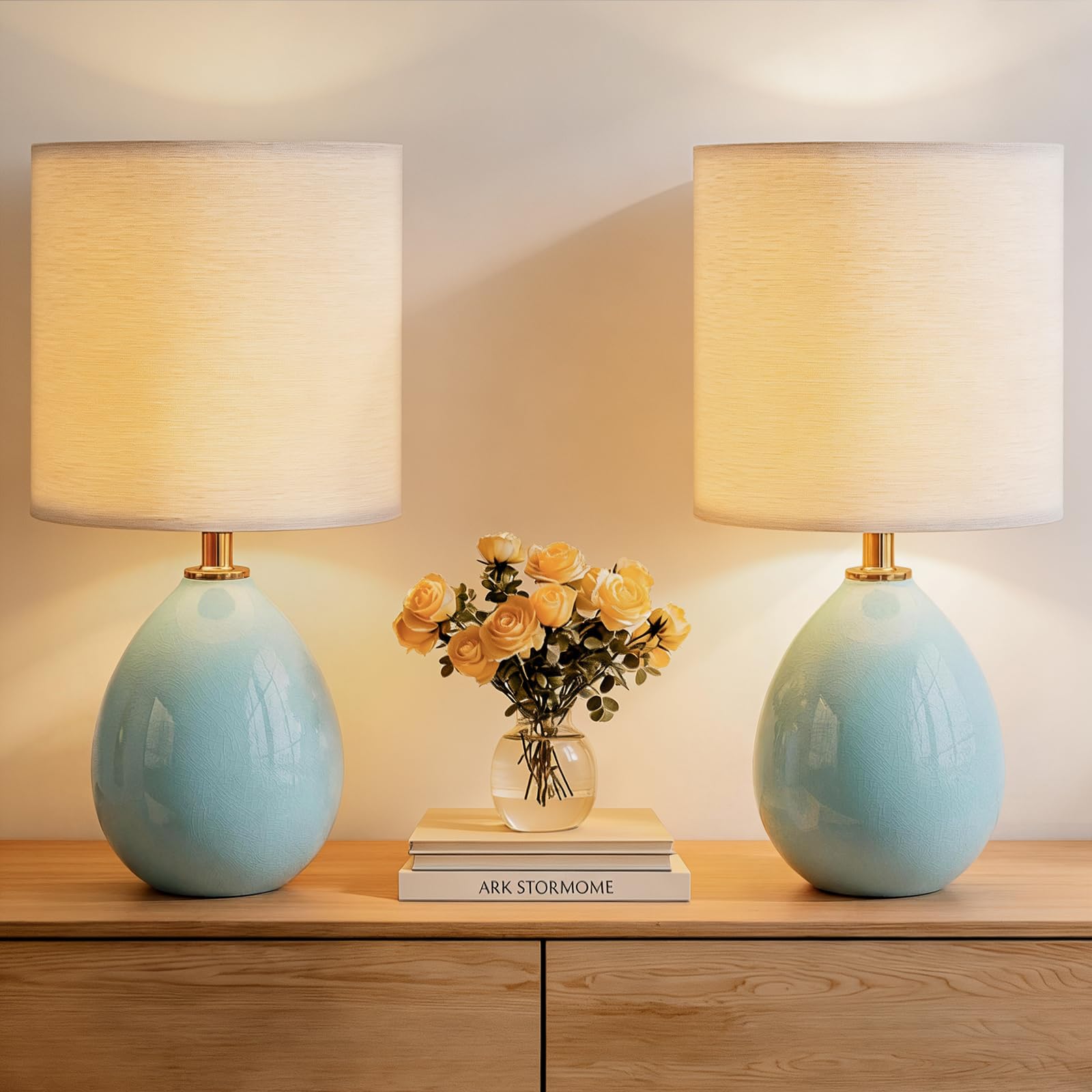 Dawnwake 18.5 Table Lamp Set of 2 for Living Room Bedroom  Bedside Lamps for Night Stands  Desk Nightstand Lamp Dimmable  Modern Linen Cream Ceramic Lamps (Blue)