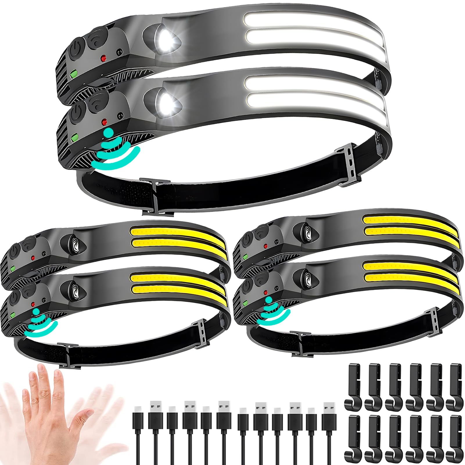 Beccason Led Headlamp Rechargeable 6Pcs - 230 Cob Super Bright Head Lights For Forehead, Hard Hat Light For Adults, Usb C Headba