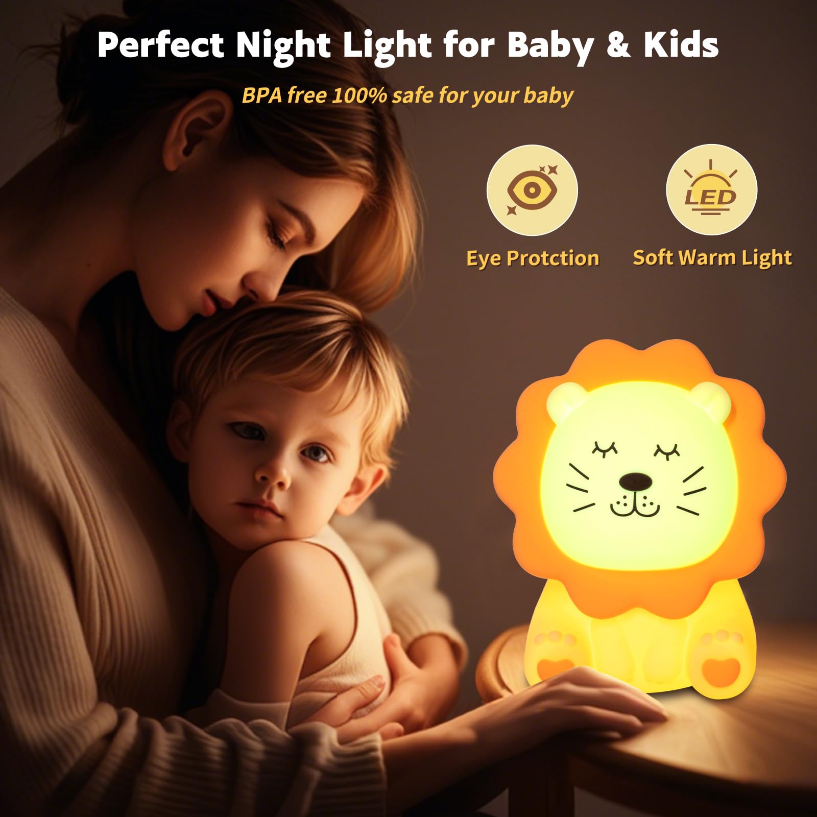 Nawchedo Night Light for Kids - Soft Silicone Lion Lamp, 7 Colors, Dimmable, Rechargeable, Anti-glare, Cute Yellow Design