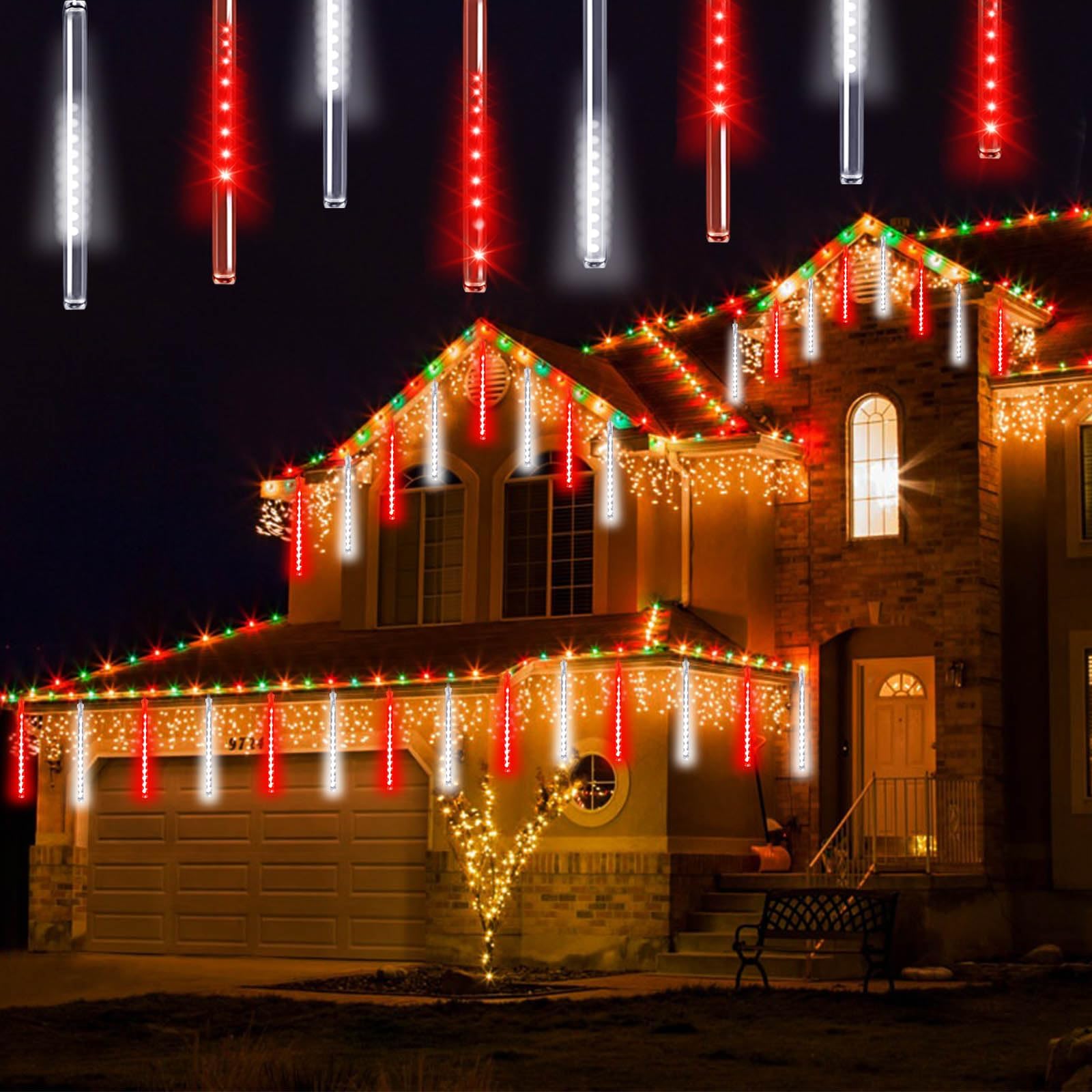 EXF Solar Meteor Shower Lights, 384LED Icicle String Light, 1 Pack Solar Powered, Waterproof, Red and White, Model MSL-01