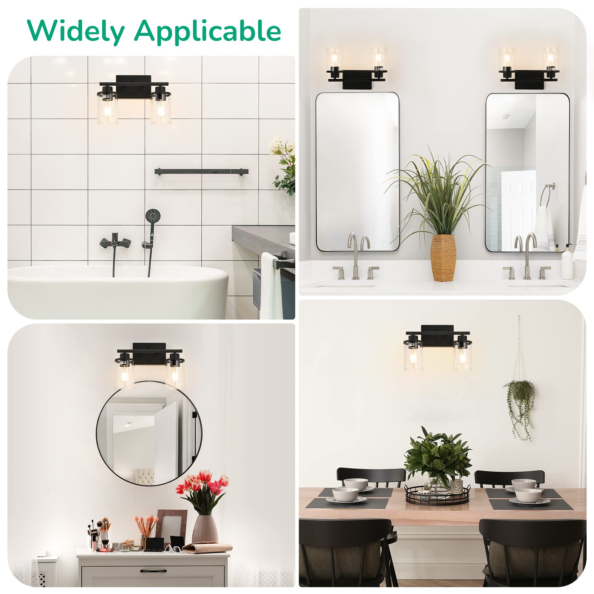 EDISHINE 2 Light Bathroom Vanity Light, Matte Black with Clear Glass Shades, ETL Listed