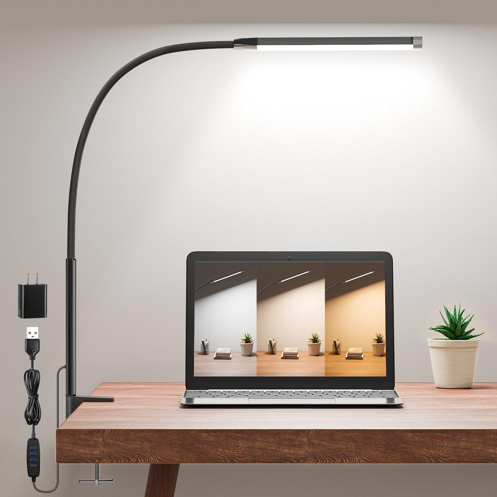 HECDSTLY Desk Lamp with Clamp  Eye-Caring LED Clip Light  27 Tall Flexible Arm  3 Color Modes 10 Brightness  USB-Powered Task Lamp for Home Office Reading  Crafting  Sewing  5V/2A Adapter Included