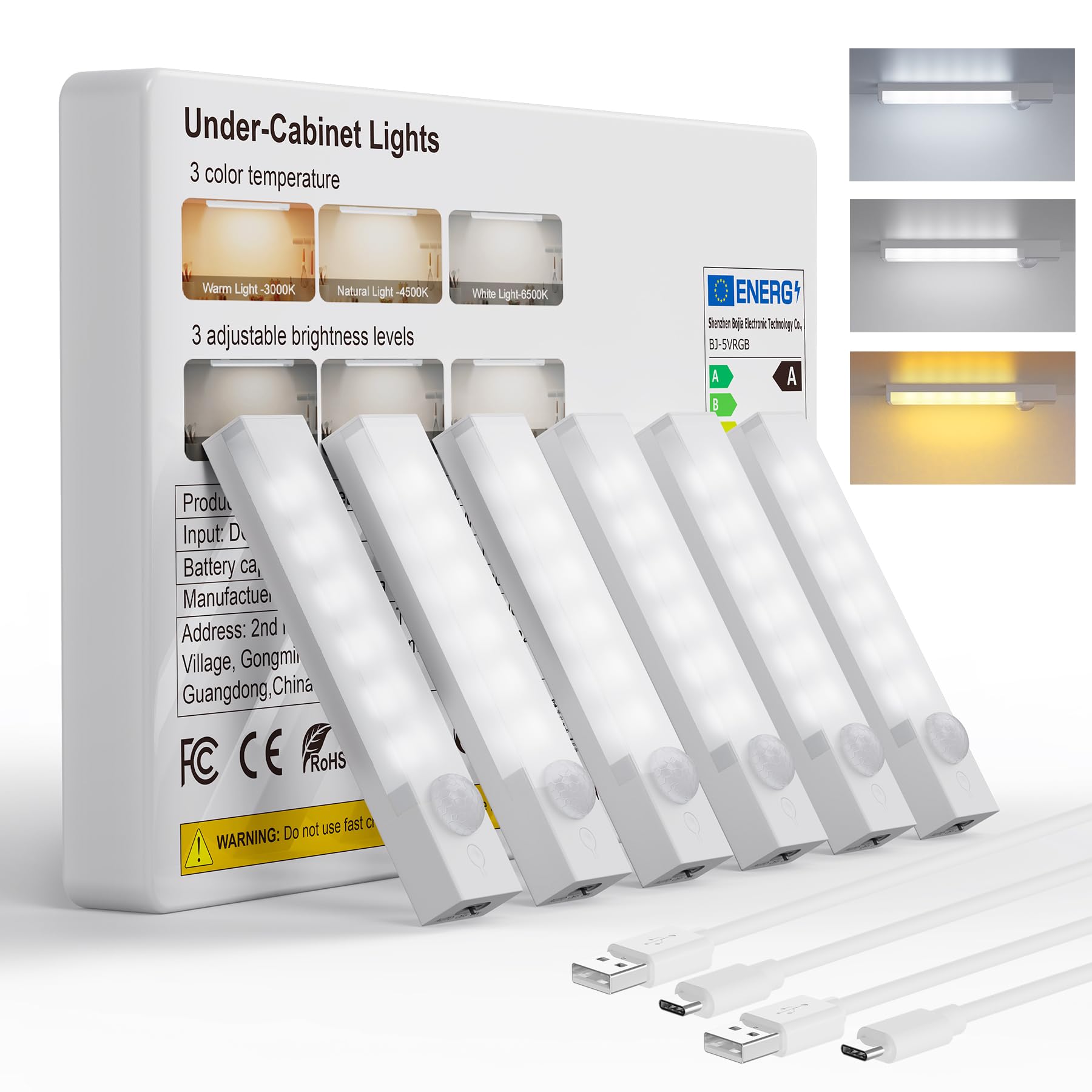 Rihvy Under Cabinet Lighting 4 Inches Rechargeable Motion Sensor Light Indoor, 3 Color Dimmable Closet Light Battery Operated, U