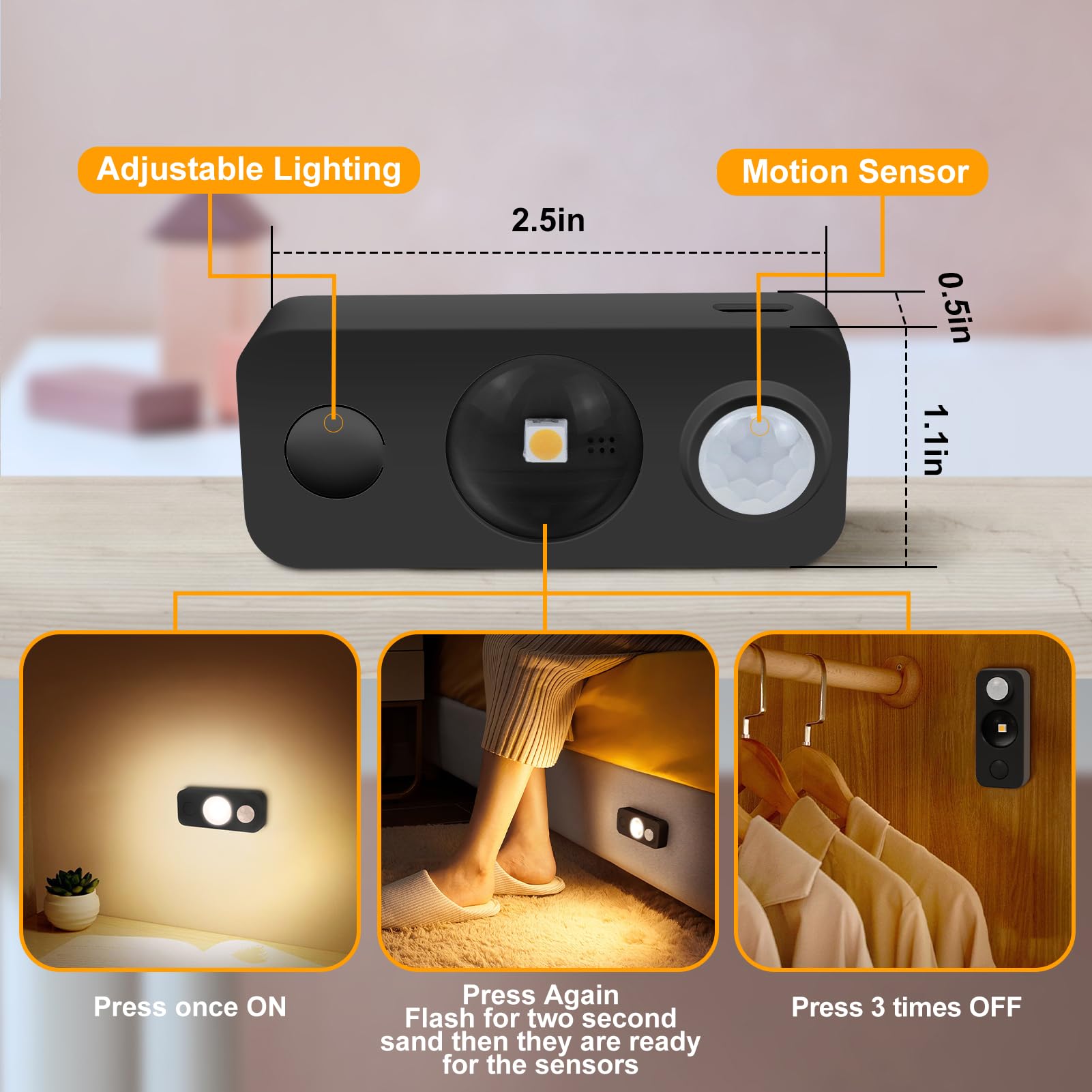 NIEGNOWOO LED Motion Sensor Puck Lights, Warm White, 6 Pack, Rechargeable, USB Charging, Ideal for Cabinet, Closet, Drawer, Shelf