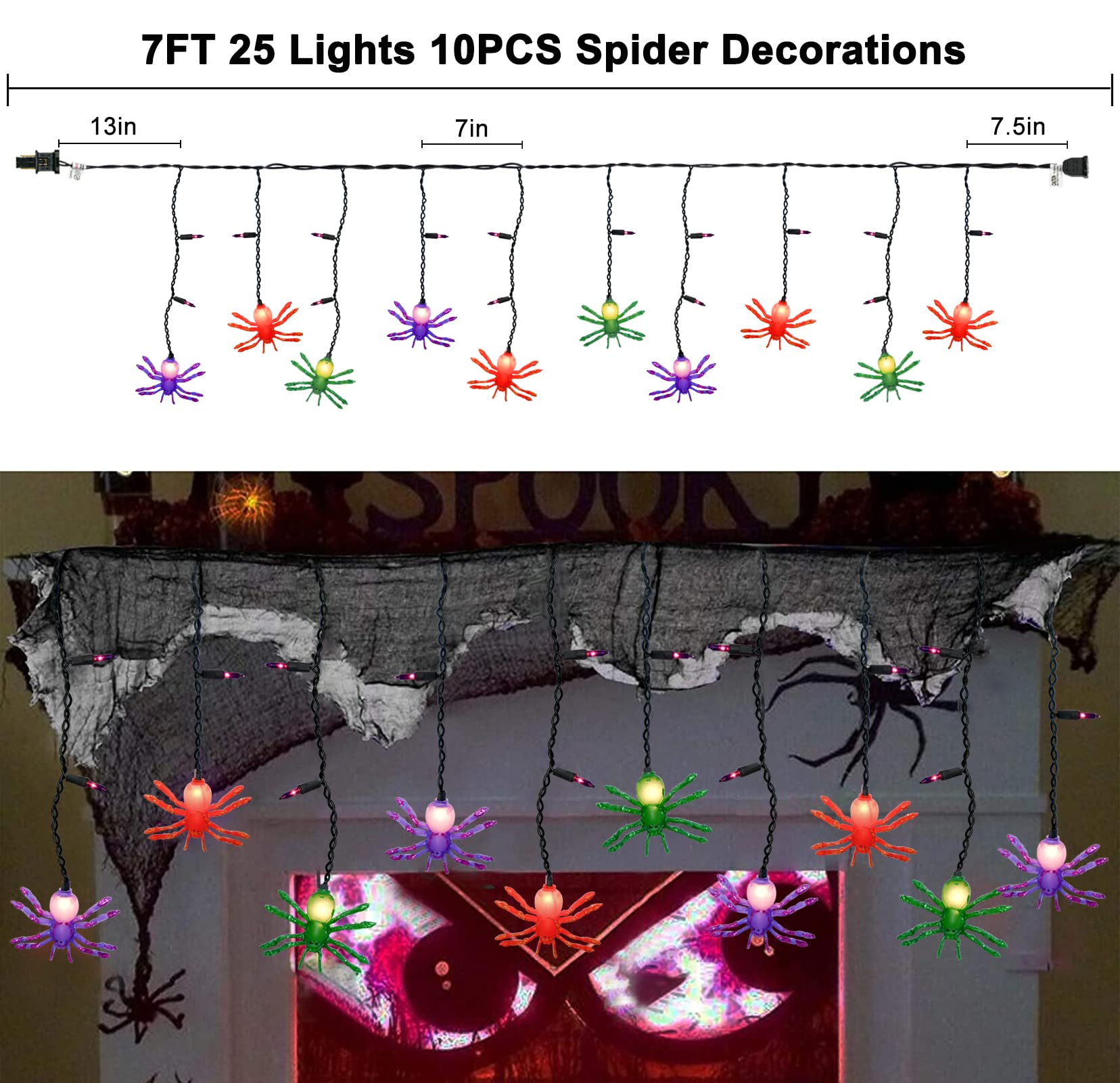 Pallerina Halloween Spider Decorative Lights, Halloween Spider String Lights With 10 Spider Decoration And 15 Purple Mini Lights, Halloween Porch String Lights For Haunted House, Halloween, Masquerade