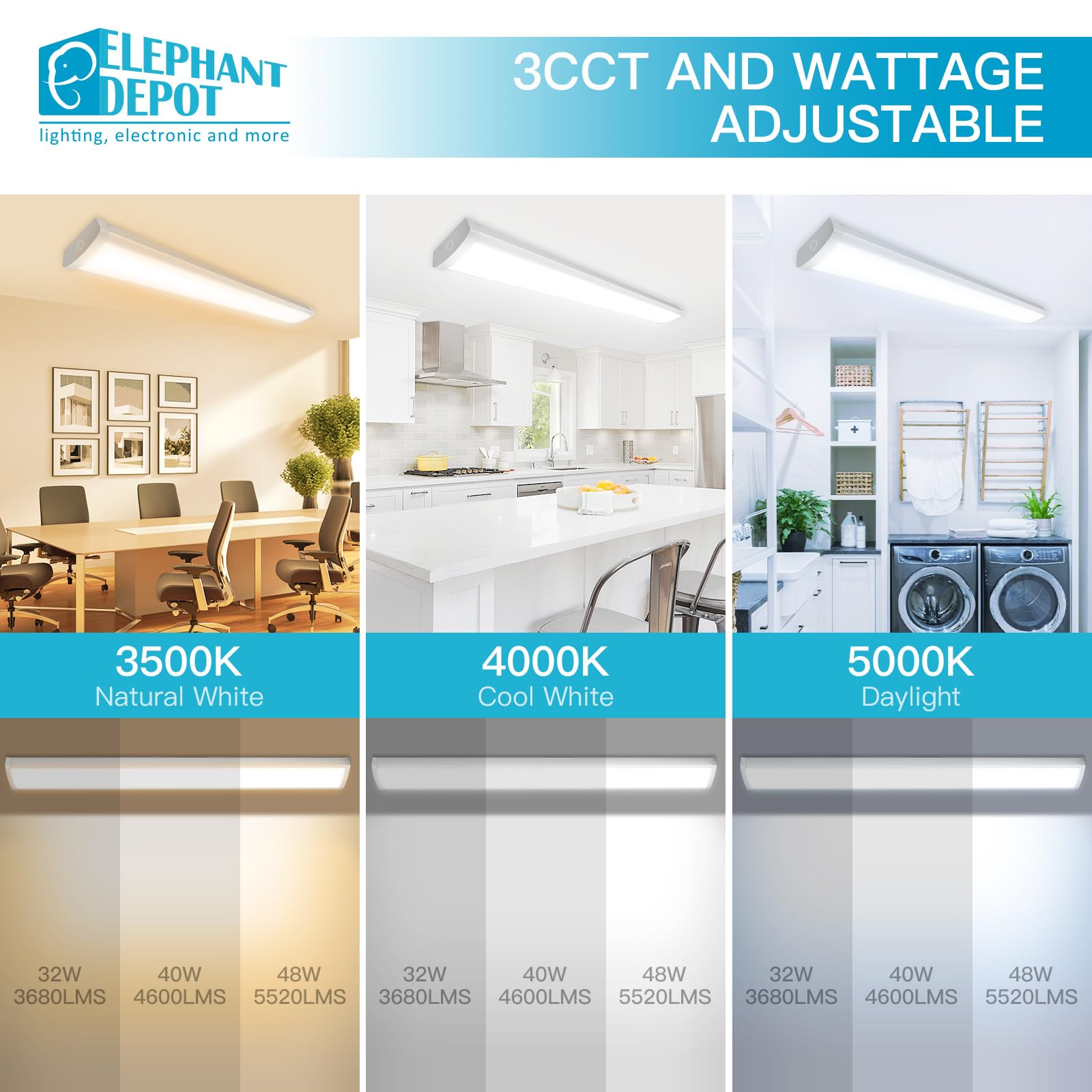 Elephant Depot 2 Pack 4Ft Led Wraparound Light Fixture, 48 Inch Led Closet Light, 32/40/48W, 5520Lm, 3500/4000/5000K, 120-277V H