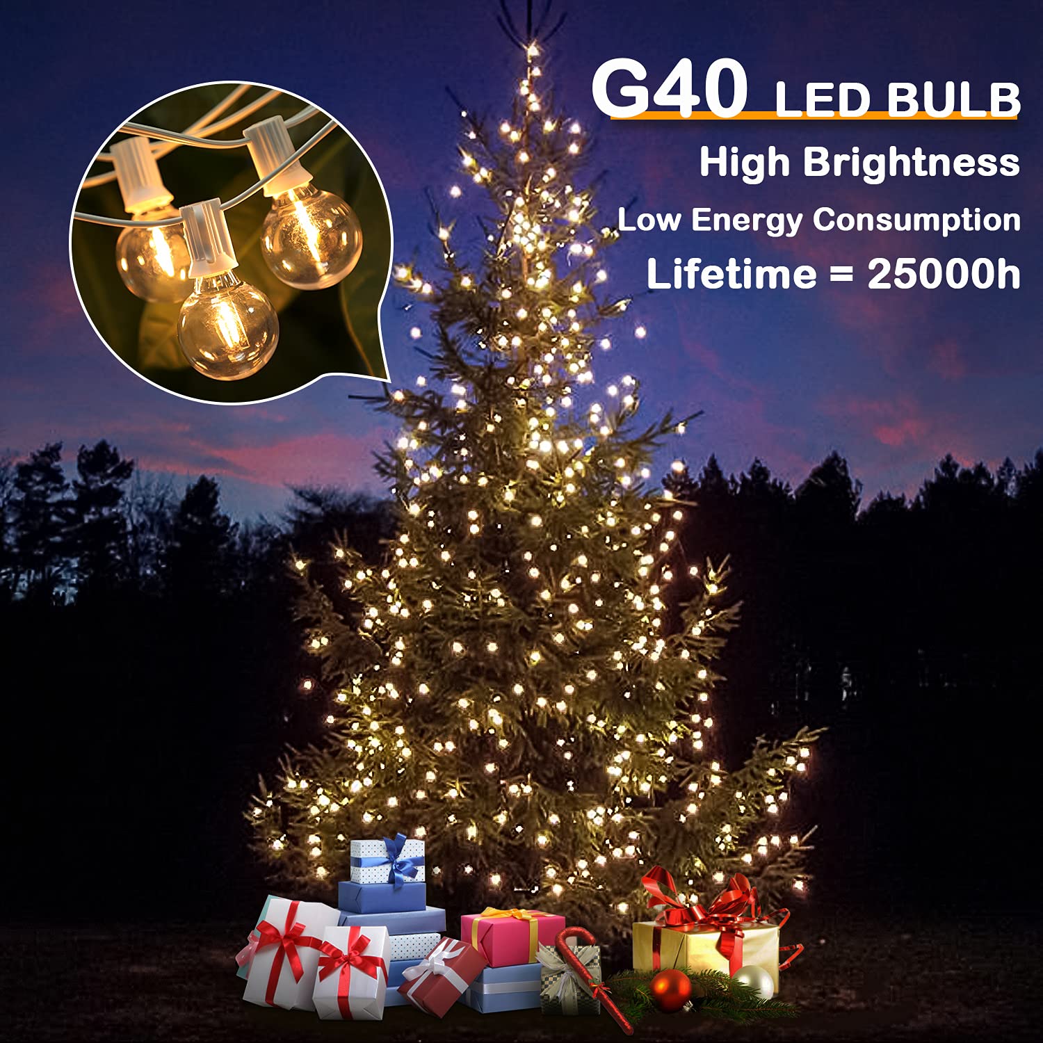 VerRon 50FT LED G40 Globe String Lights, Shatterproof White, 2200K, 50+2 Dimmable Edison Bulbs, Waterproof for Outdoor Use