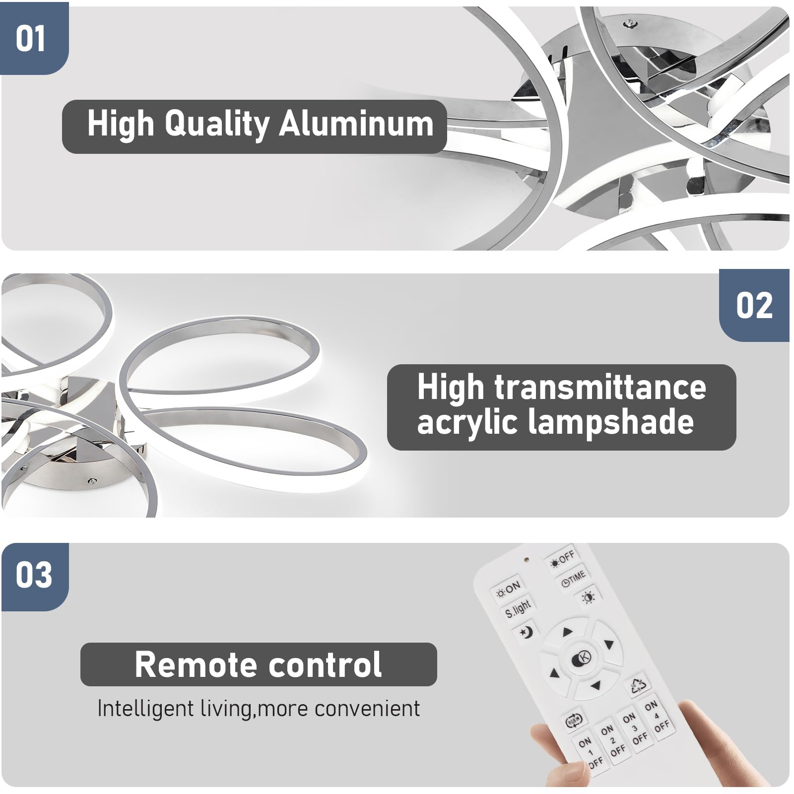 Hlilceh 26Inch Modern Led Ceiling Light, 6 Rings Flower Flush Mount Light Fixture With Remote Control Chrome Dimmable Ceiling La