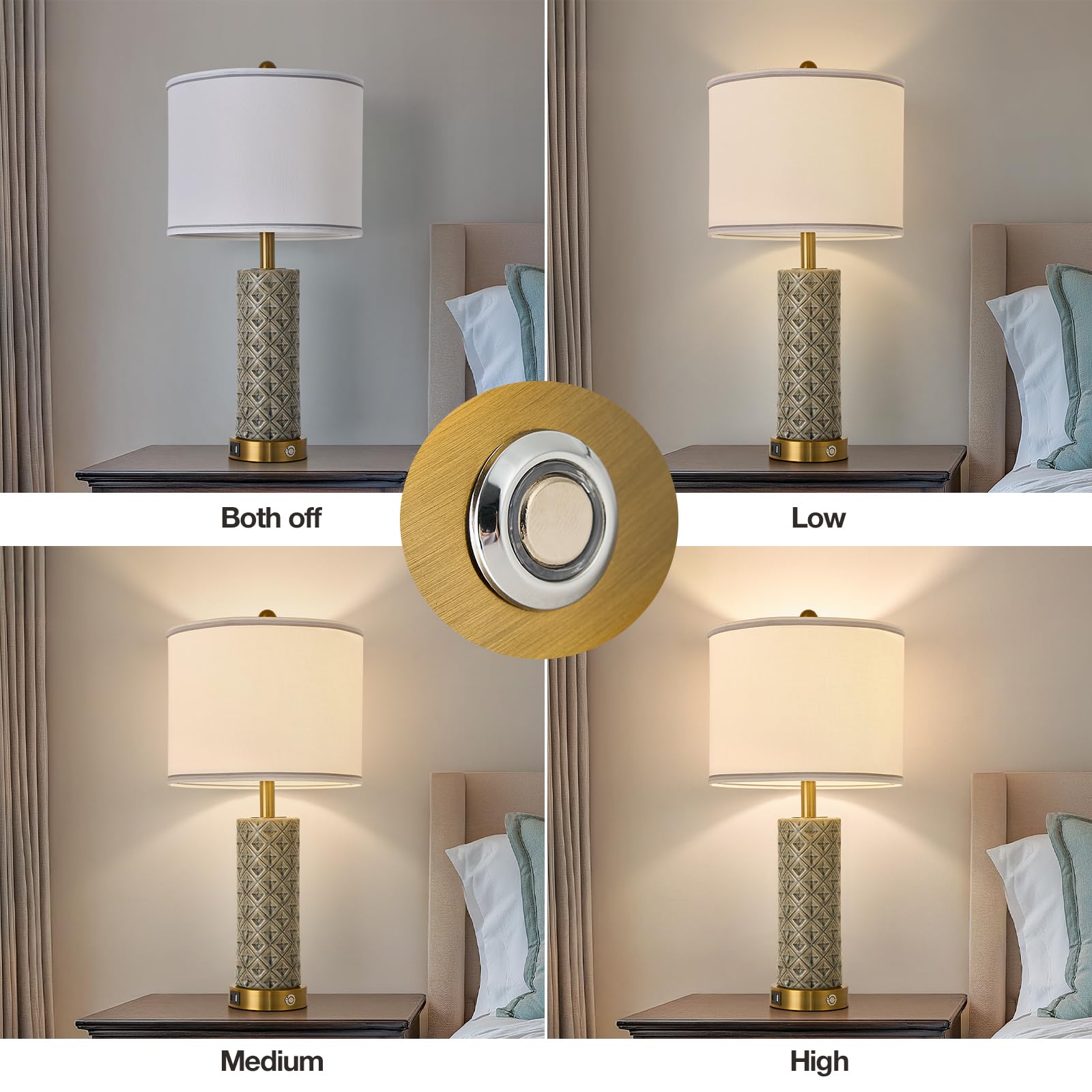 Bdayanx Set Of 2 Table Lamp For Living Room Bedroom Farmhouse,26'' Touch Control Bedroom Smoke Grey Ceramic Lamps 3-Way Dimmable