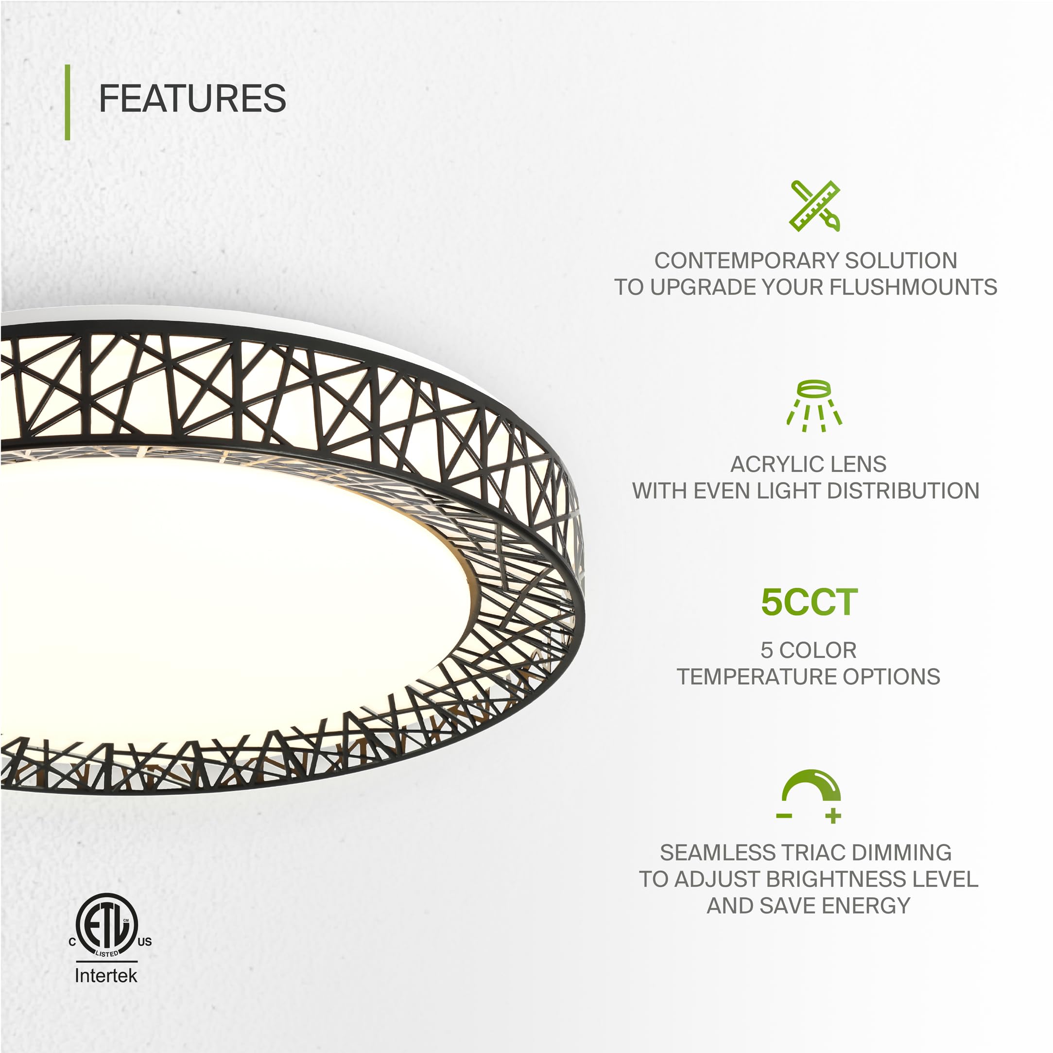 Asd 20 Inch Led Flush Mount Ceiling Light - Matte Black Modern Ceiling Light Fixture 42W 2475Lm, 2700-5000K Adjustable Dimmable