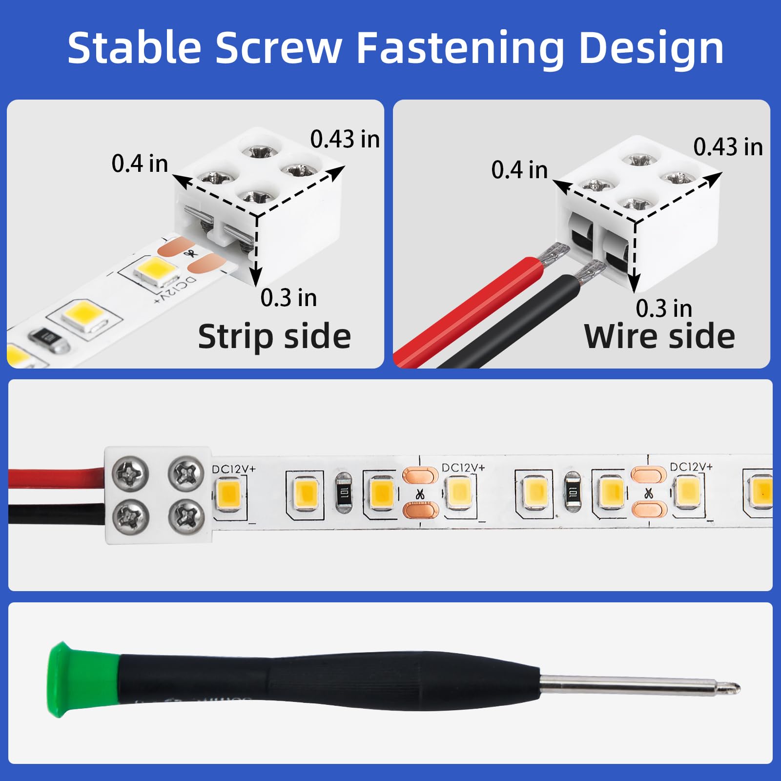 SIOKUY 20 PCS Solderless LED Strip Connectors 2 Pin, Easy Install for 8mm Tape Lights, Reliable Screw Down Connection