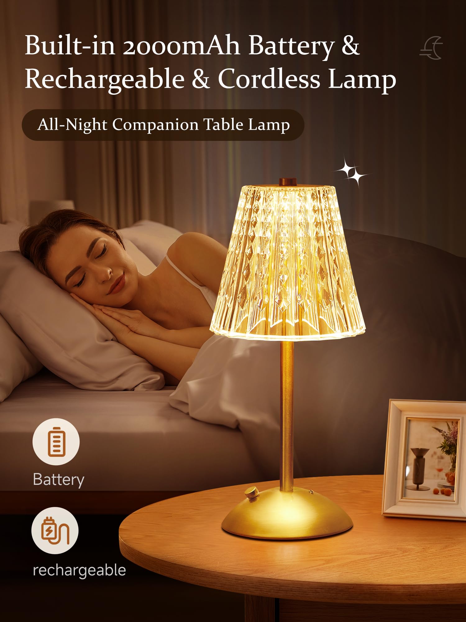 Cordless Lamp, 2000Mah Rechargeable Lamp, Dimmable+3 Colors Touch Lamp Small Lamp, Battery Operated Lamp Cordless Table Lamp, Cr