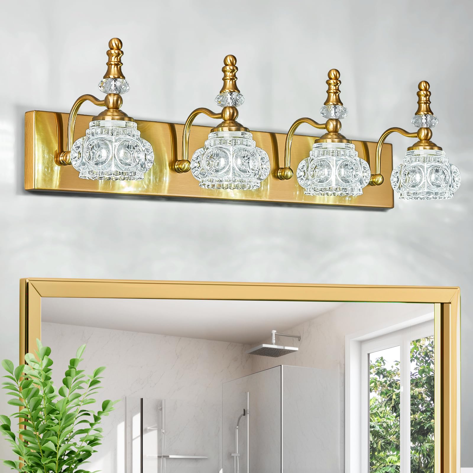 Lbsqj Modern Glass Crystal Vanity Light - Vintage Bathroom Lighting Fixtures Over Mirror  4 Light Vanity Lights G9 Bulb (27.55 Inch  Gold)